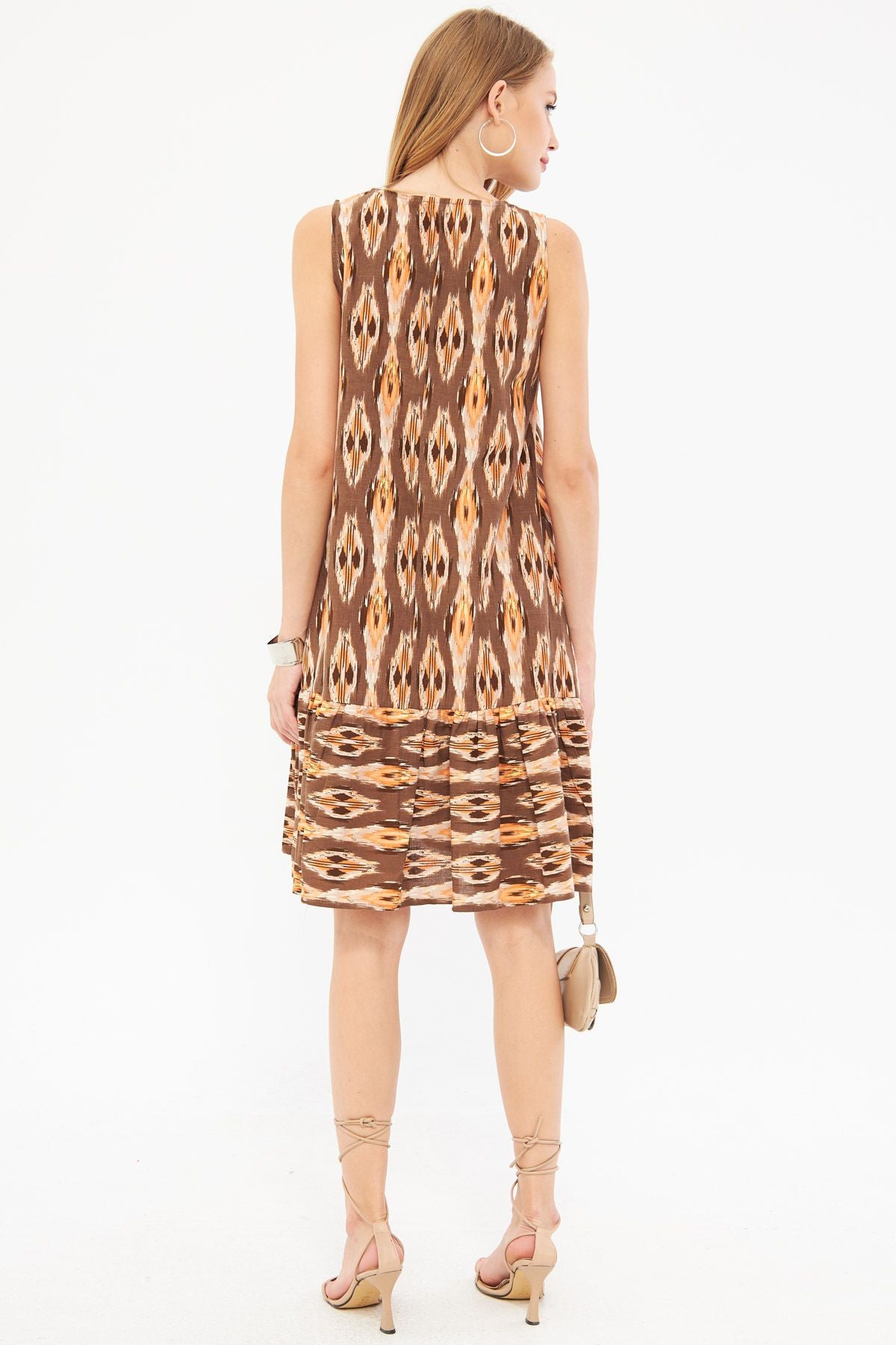 Woman Coffee Patterned Sleeveless Skirt Ruffled Dress ARM-22K001142