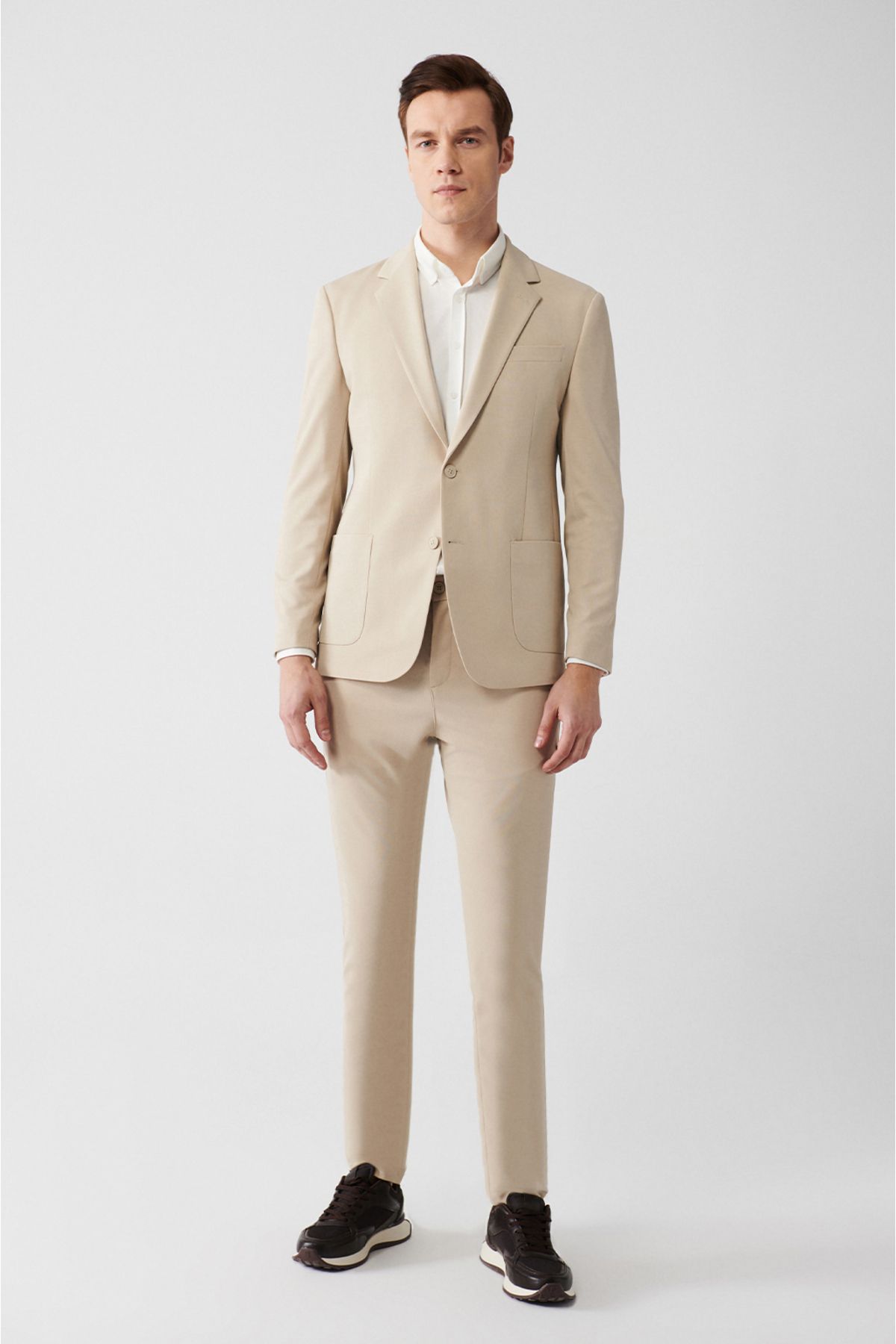 Men's beige mono collar lined slit jersey fabric jacket B004000