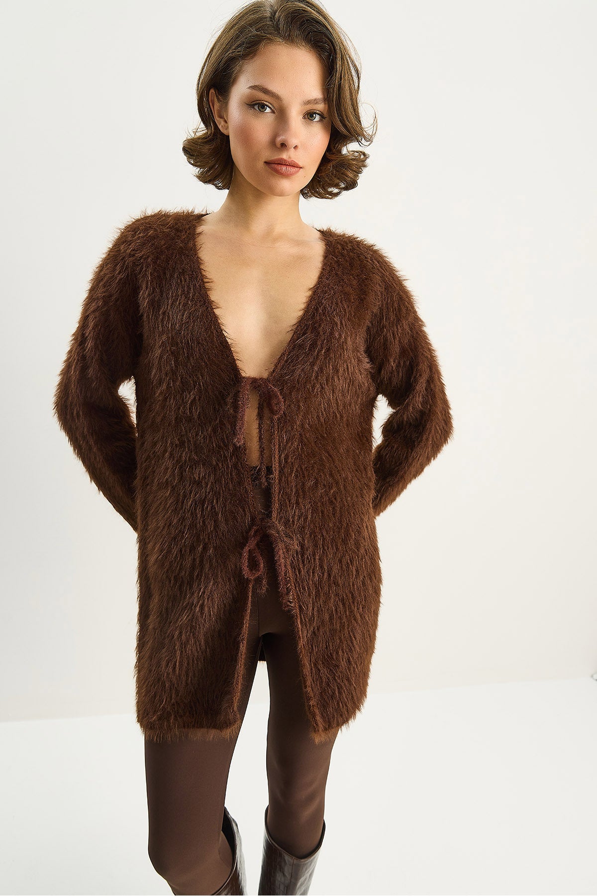 Women's Bearded Soft Textured Knitwear Cardigan with Tie Detail 9064 60283754