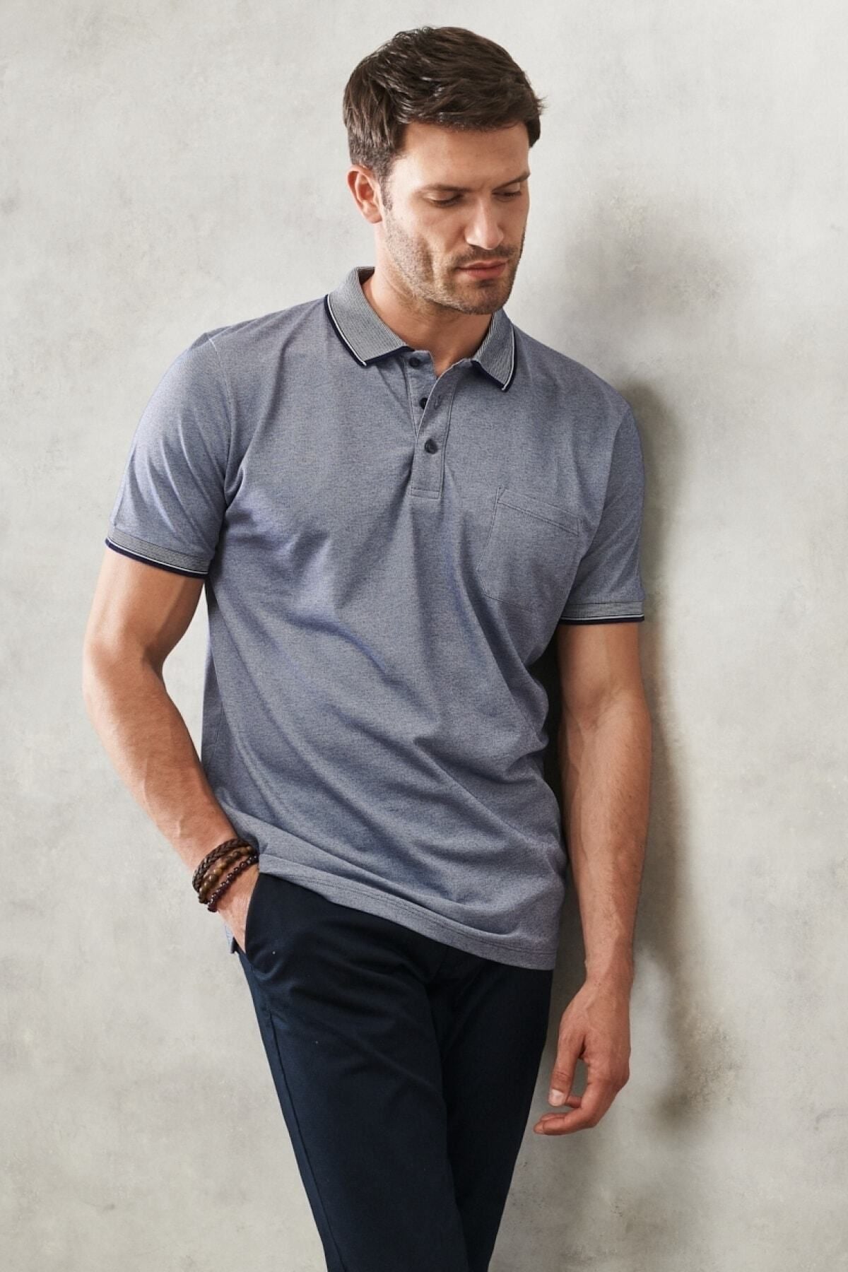 Men -Plugging Cotton Fabric Regular Fit Casual Cut Navy Blind Curlled Polo Yaka Pocket T -shirt