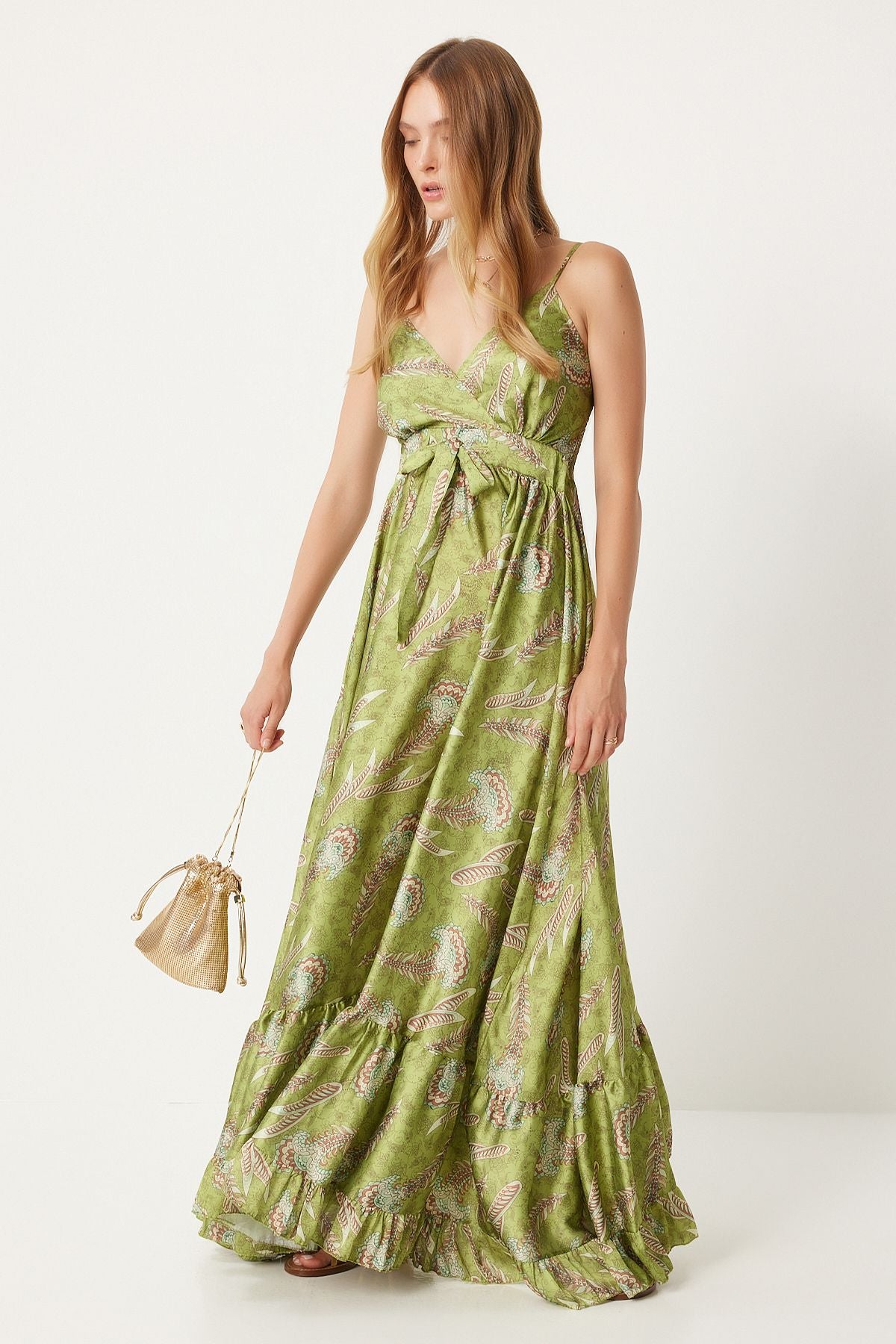 Women's Fat Green Patterned Satin Surface Summer Dress DP00208