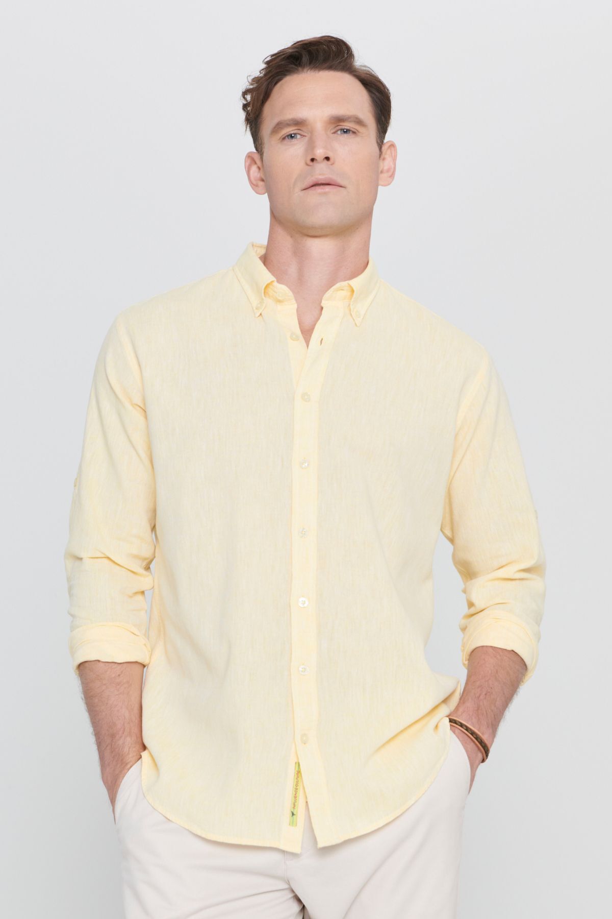 Men's Yellow Linen Comfort Fit Casual Cutton Buttoned Neck Casual Shirt