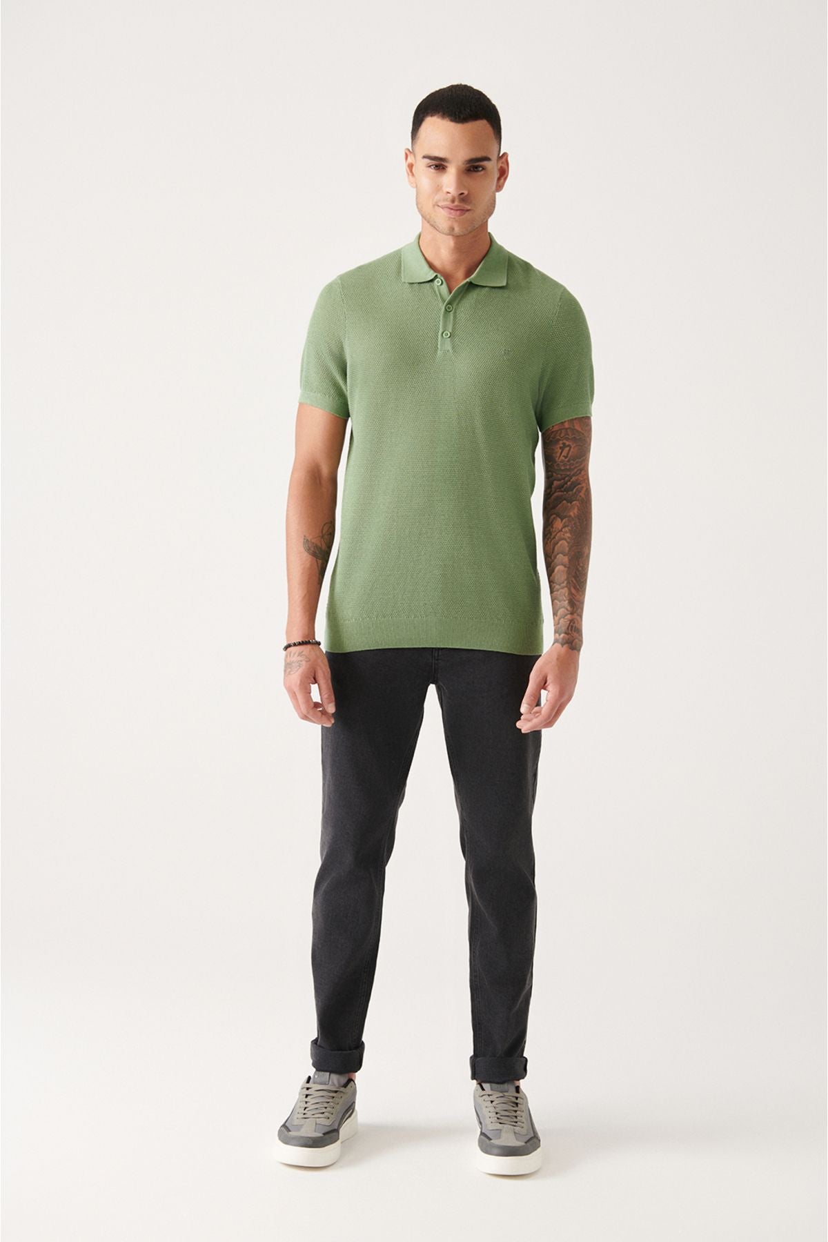 Men's Water Green 3 Button Tissue Ribanian Polo Yaka Triko T-Shirt B005009
