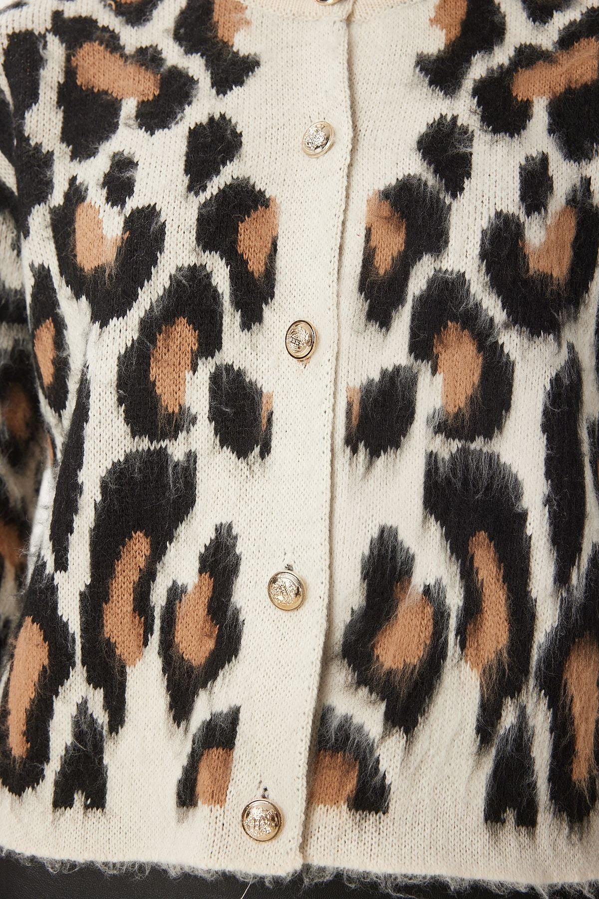 Women's Cream Black Leopard Patterned Short Beard Cardigan KB00040