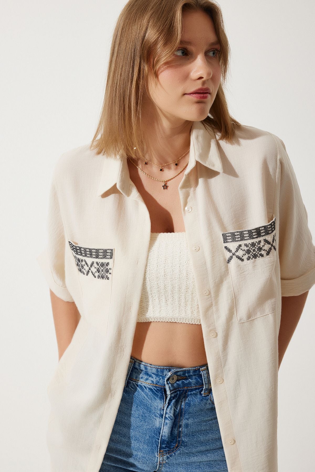 Women's Cream Embroidery Pocket Oversizle Linen Ayrrin Shirt RG00031