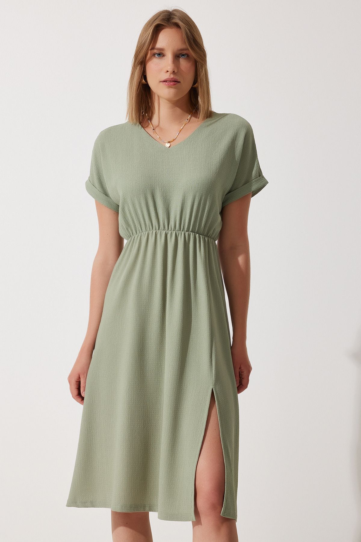 Women's Cagla Green V -Yaka Silled Summer Daily Knitting Dress DD01319