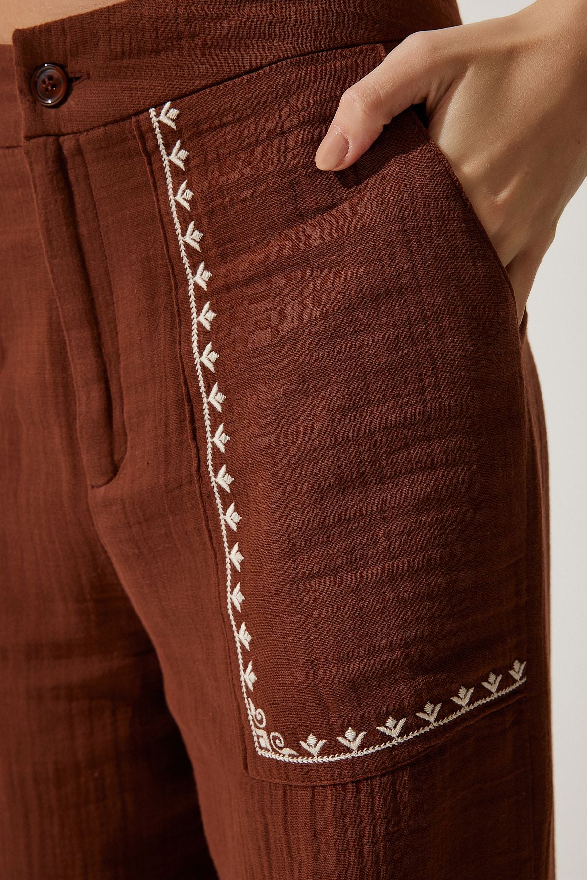Female Brown Embroidery Detailed Müslin Pants SF00019