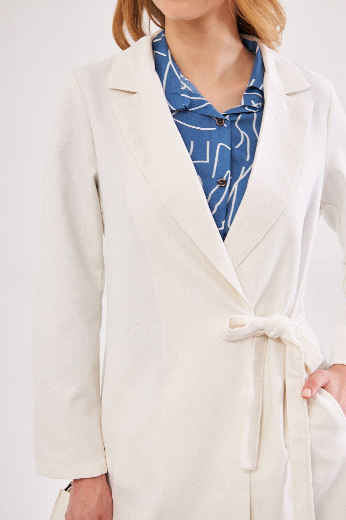 Woman Ekru Side Ties Long Coat ARM-24Y001019