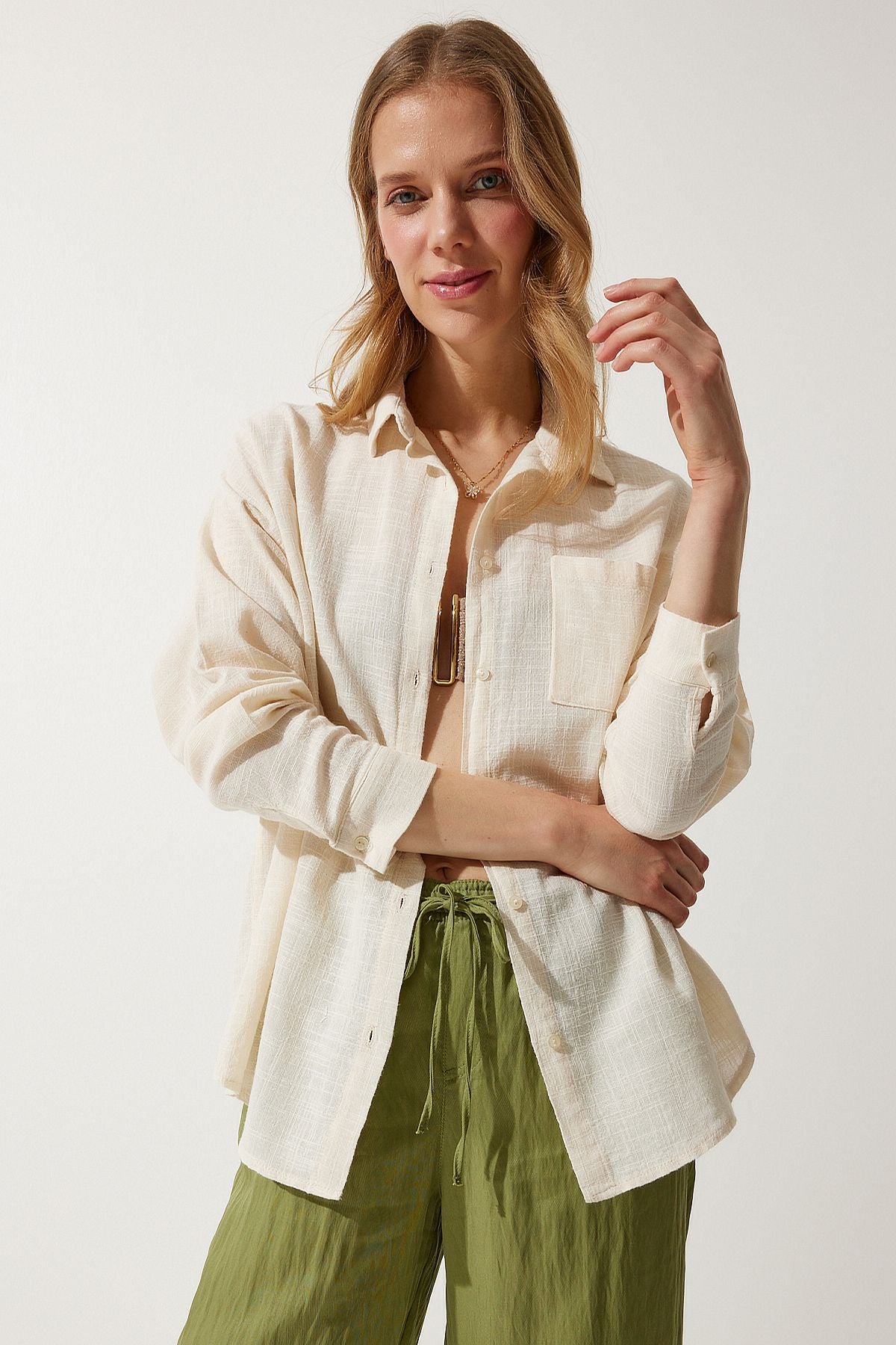 Female Cream Pocket Oversizle Linen Shirt MX00152
