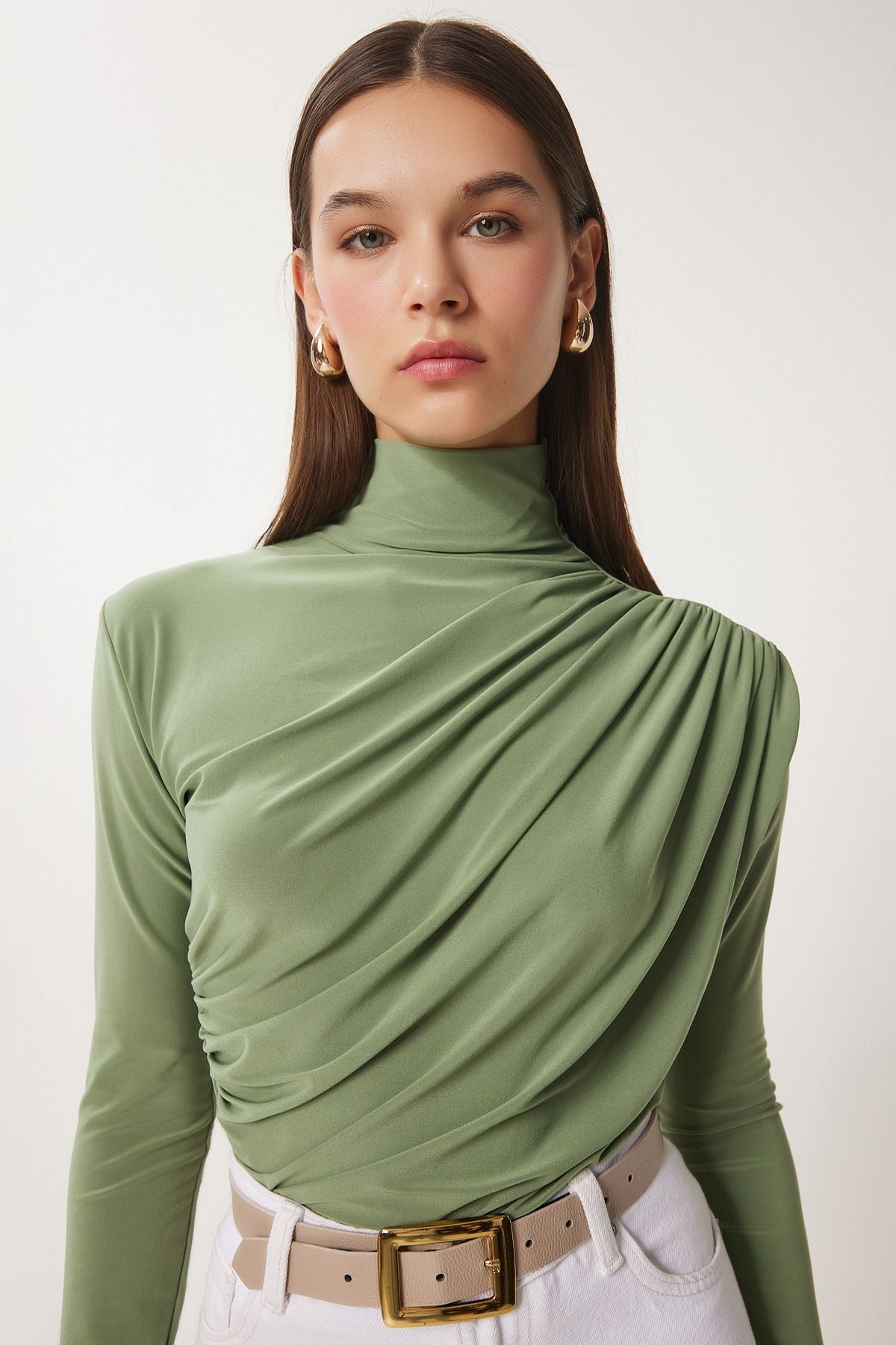 Women's Cagla Green Shirring Detailed Sandy Blouse FF00135