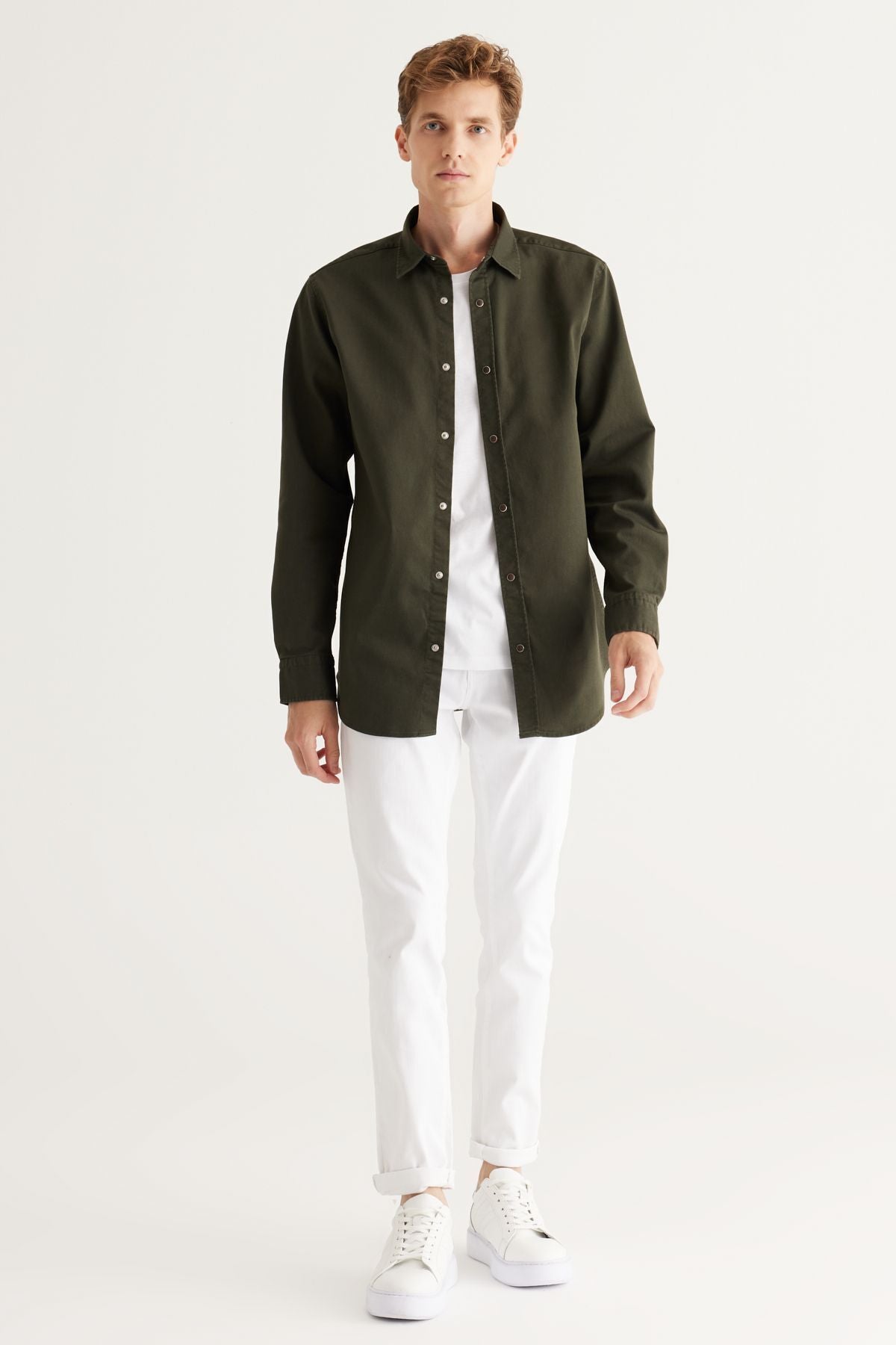 Men's Khaki Comfort Fit Casual Cut Cotton Diagonal Patterned Shirt