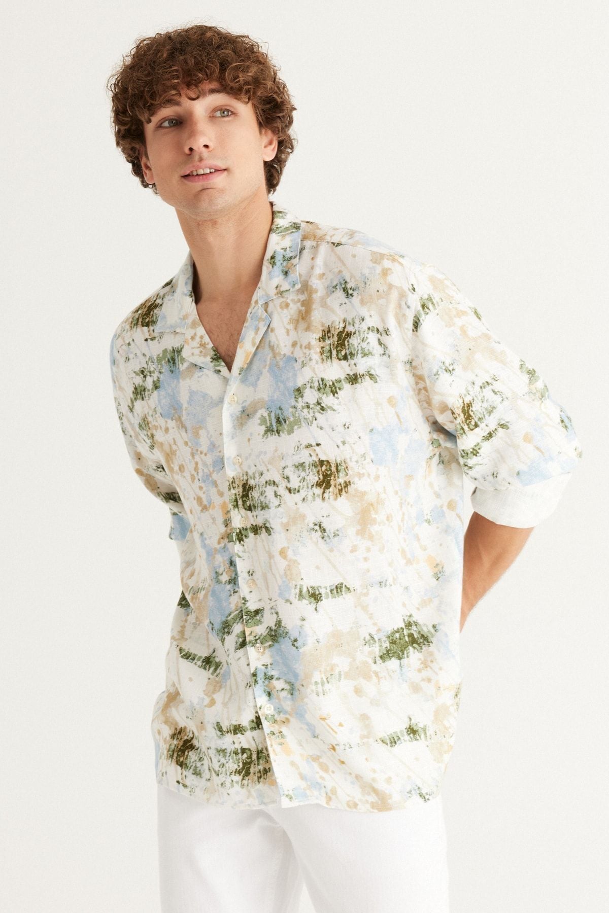 Men's Ecru-Blue Linen Oversize plenty of cut Cuba collar printed shirt
