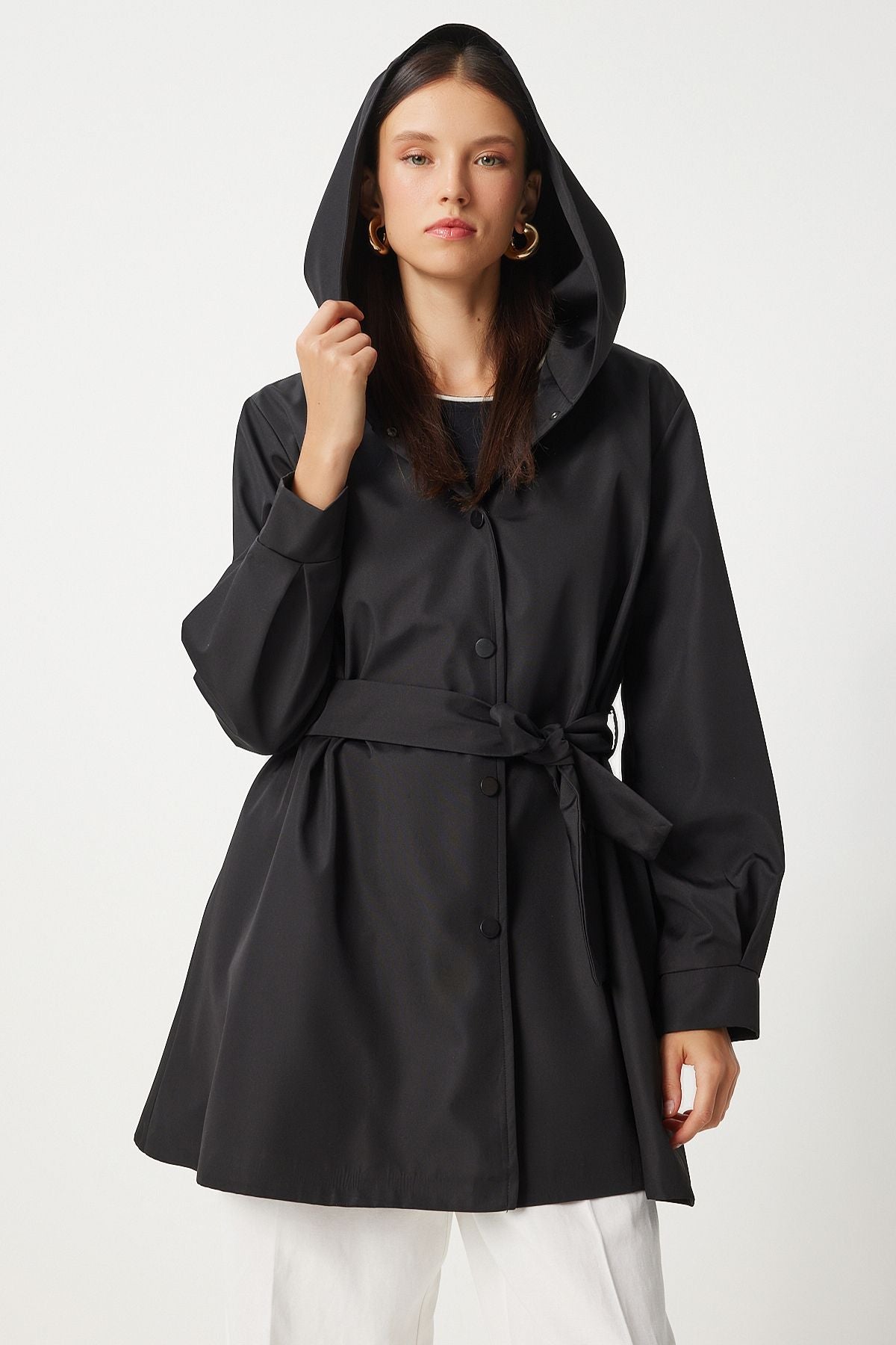 WOMEN'S Black Hooded Born Short Trench Coat DD01335