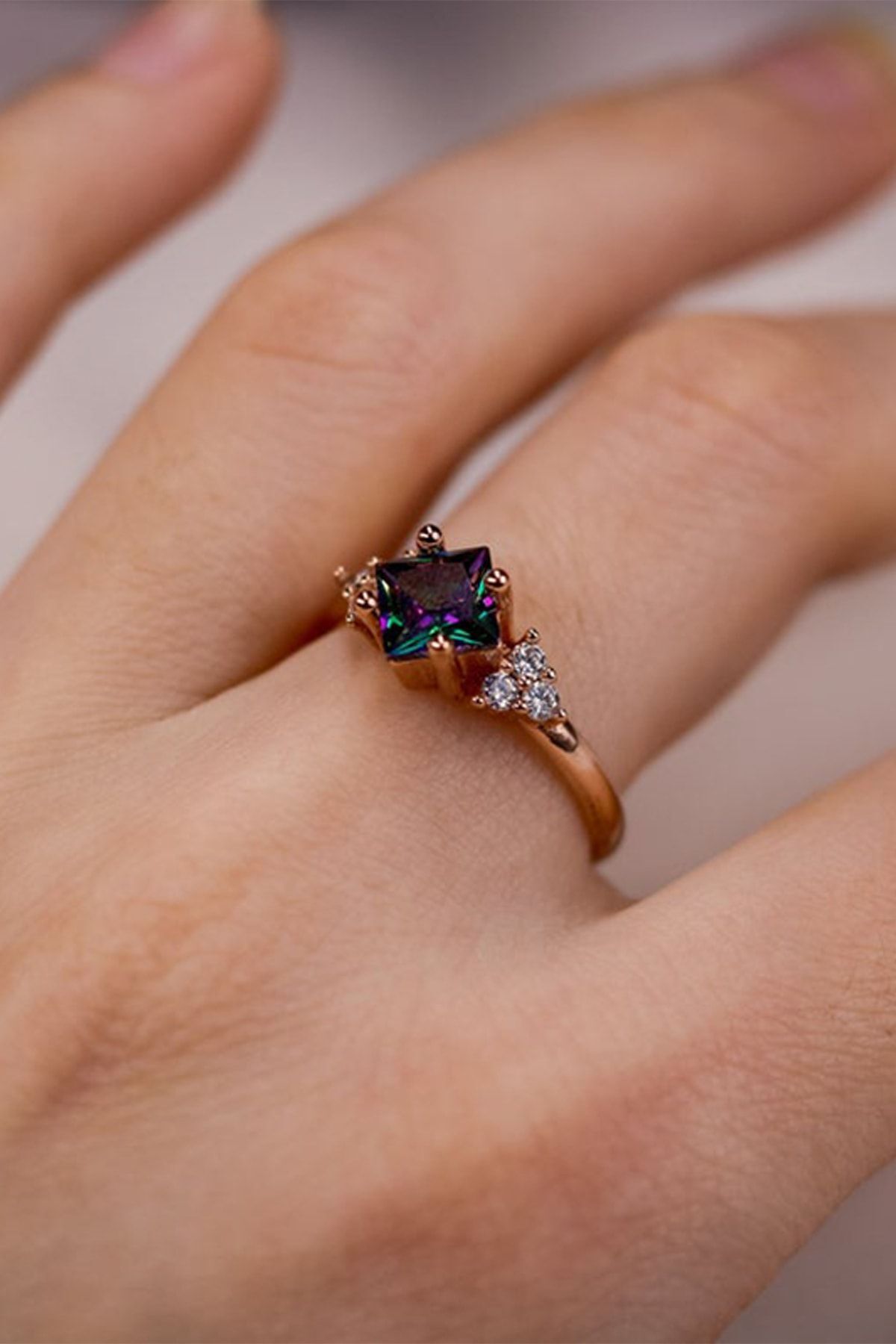 Woman Pink Square Mystical Topaz Stone Adjustable 14 K Gold Plated Ring