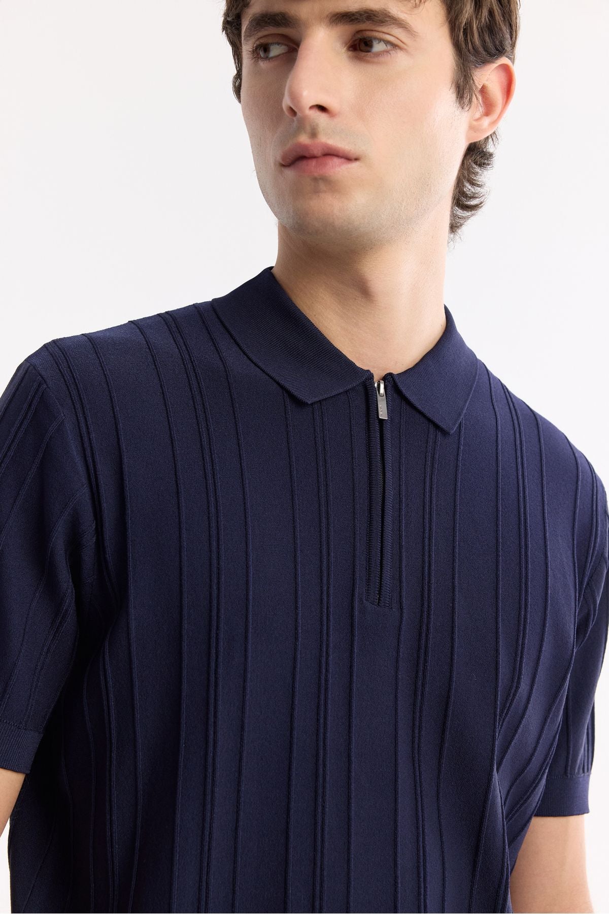 Male Navy Blue Polo Yaka Zipper Wick Knit Detailed Rayon Triko T-Shirt A51Y5046