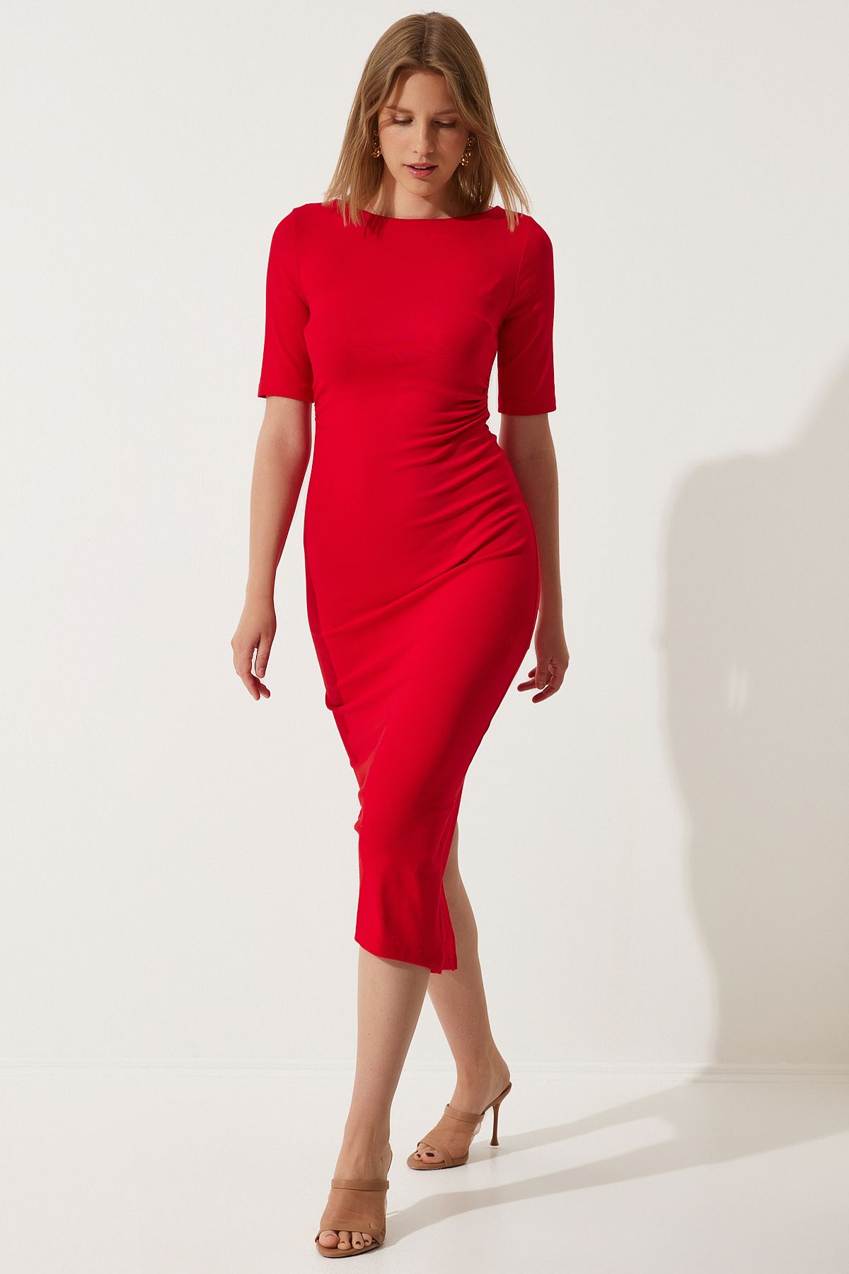 Woman Red Shirring Detailed Summer Knitting Dress UB00269