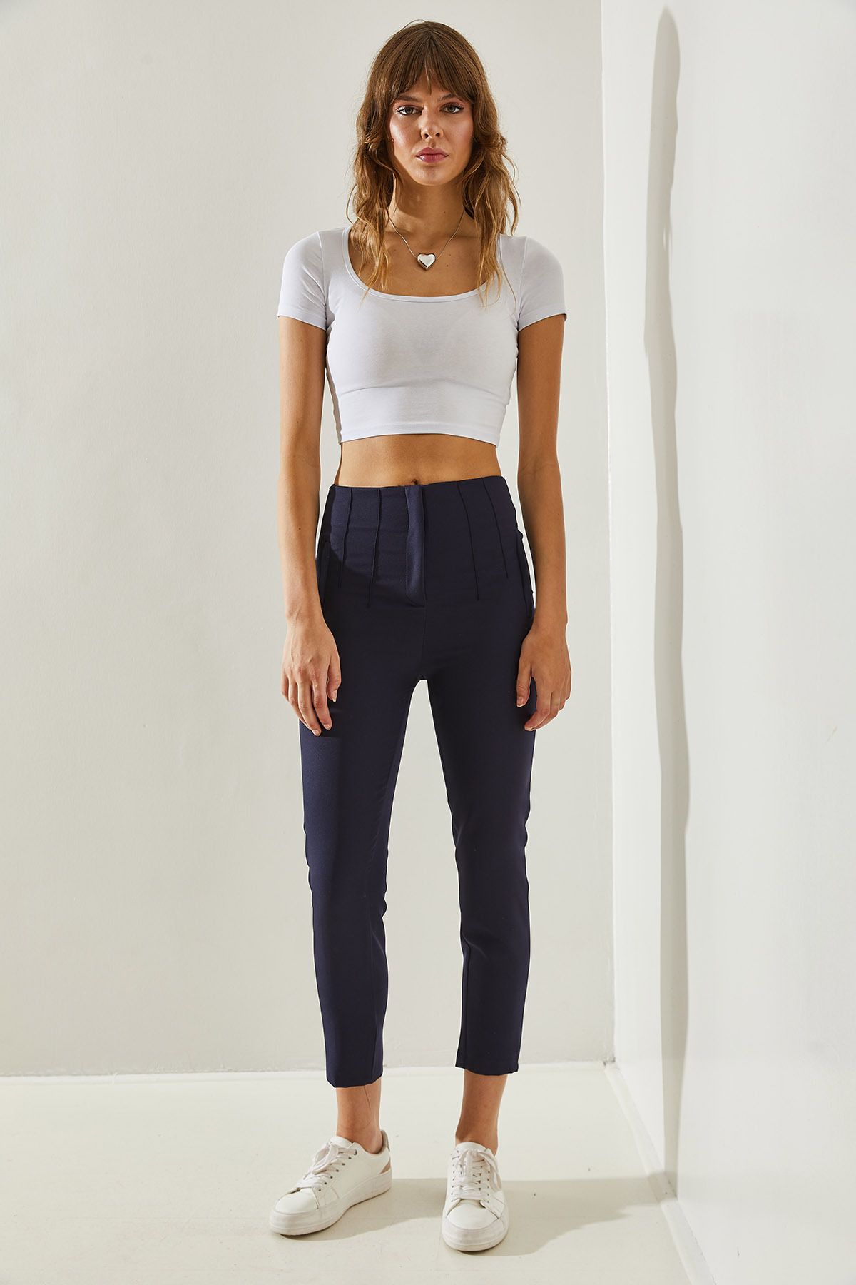 Woman High waist zipper grass detailed double trousers 60251269
