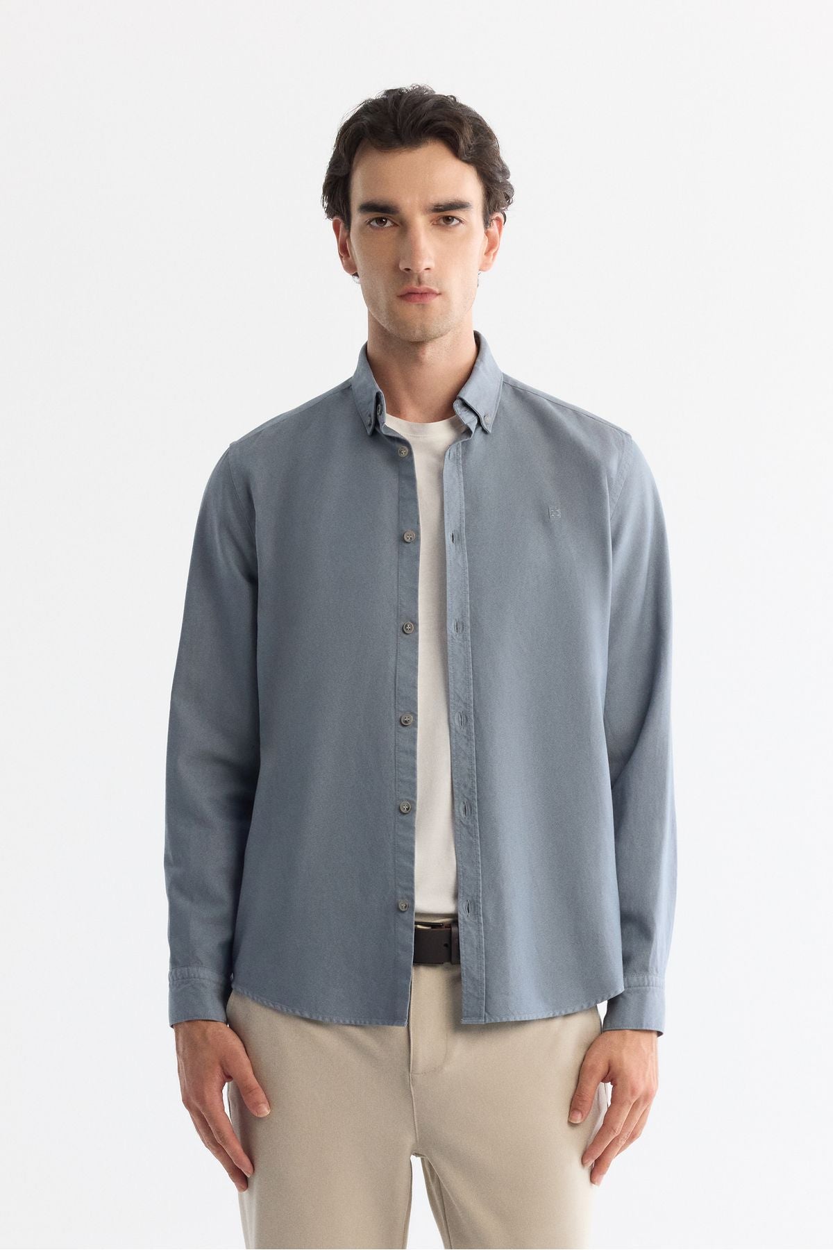 Men's oil blue button collar diagonel cotton shirt B002036