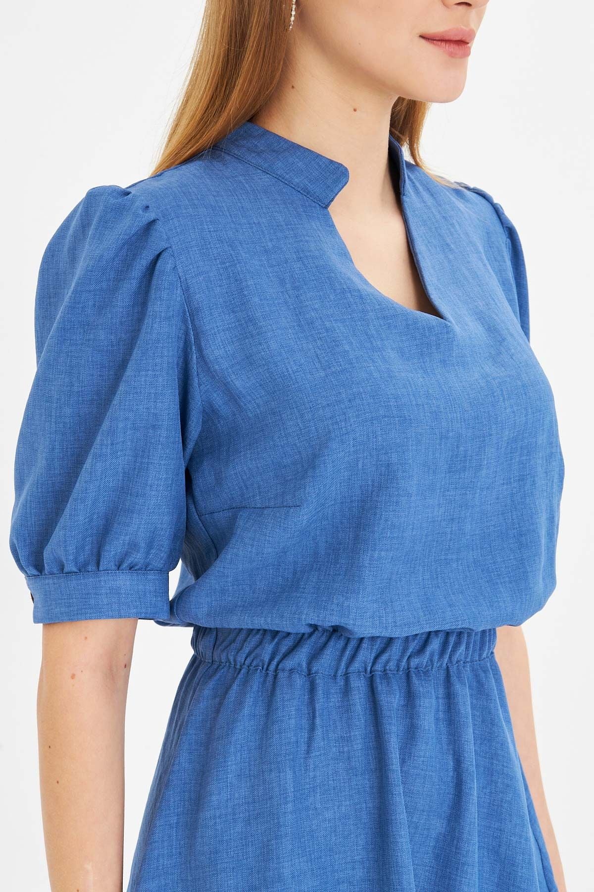 Woman Dark Blue V-Yaka Waist Waist Tire Short Sleeve Clash Dress ARM-25Y001001