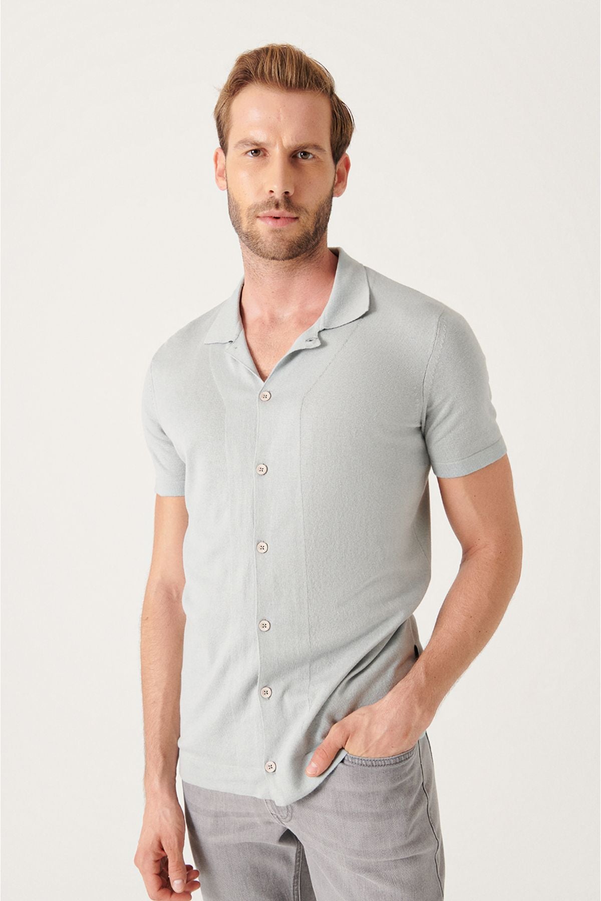 Men's Gray Cuba Cuba Yaka button knitwear T-shirt B005008