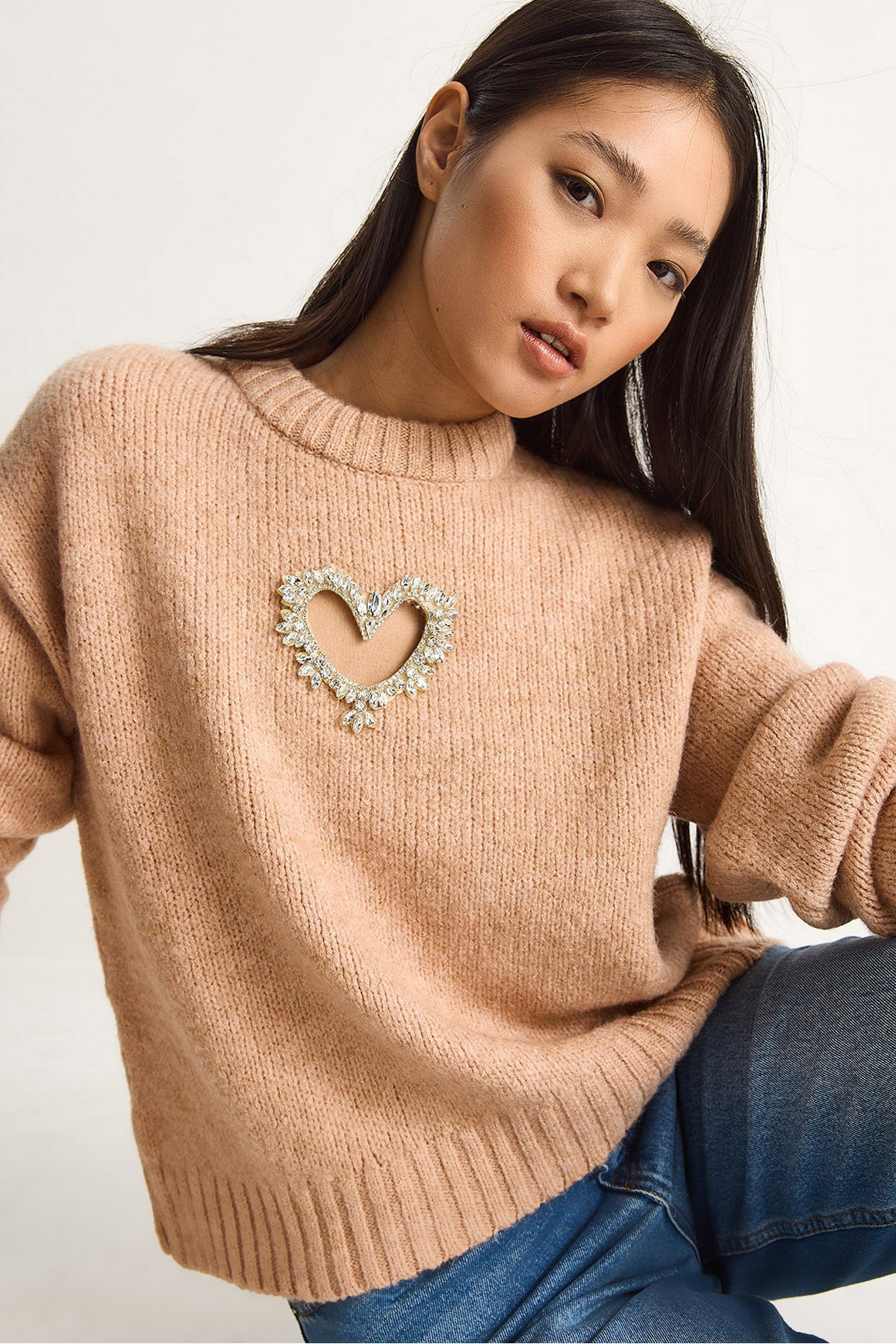 Women's Heart Detailed Stone Embroidered Knitwear Sweater 60261249
