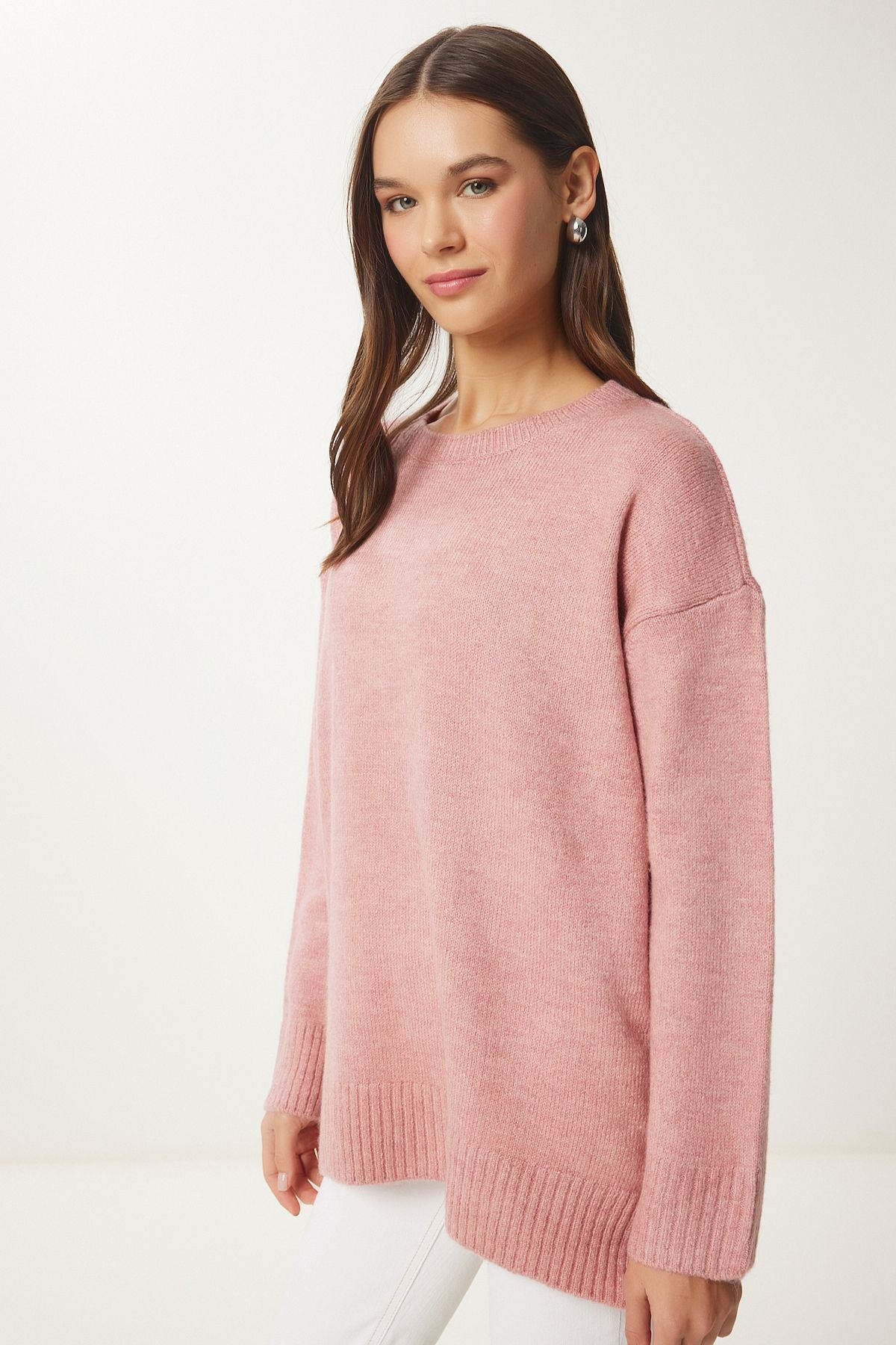 Kadın Orta Pembe Oversize Triko Kazak PN00054