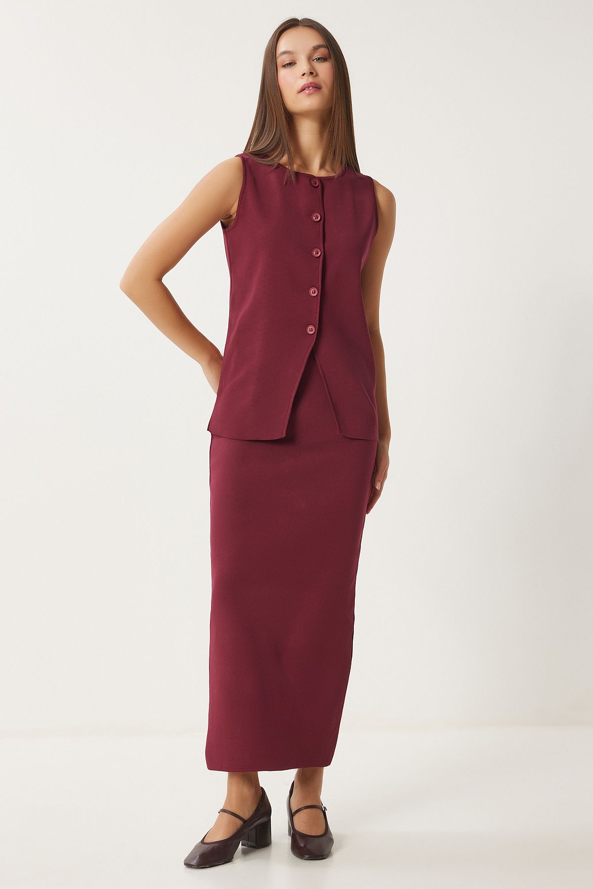 Female burgundy knitwear vest skirt set FN03396