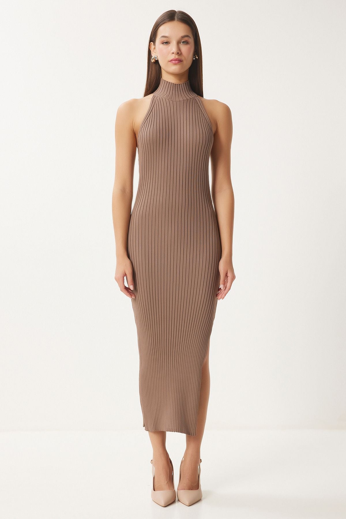 Female mink wrapped knitwear dresses with open shoulders FN03424