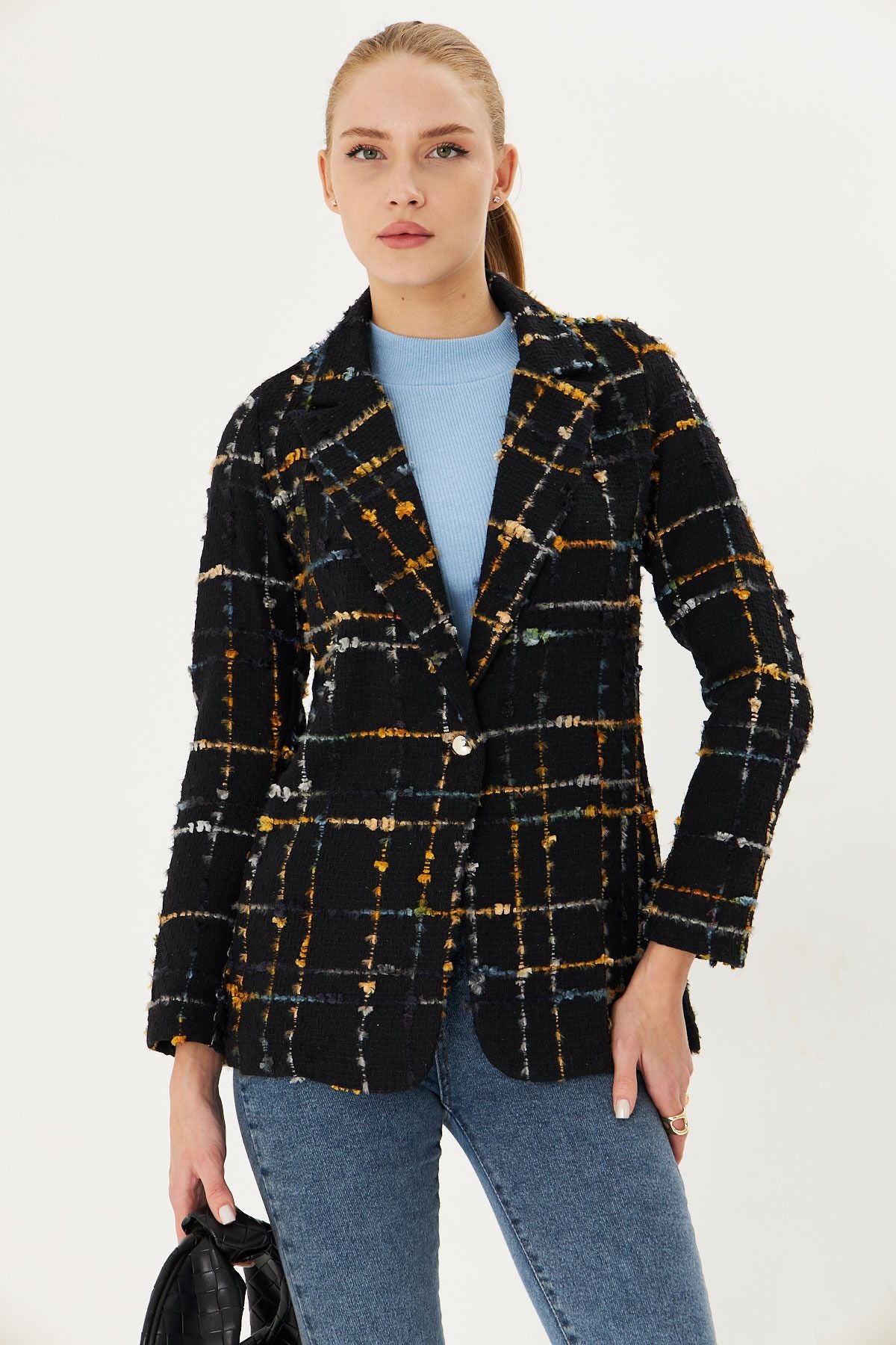 Female mustard tüvit fabric single button jacket ARM-25K001042