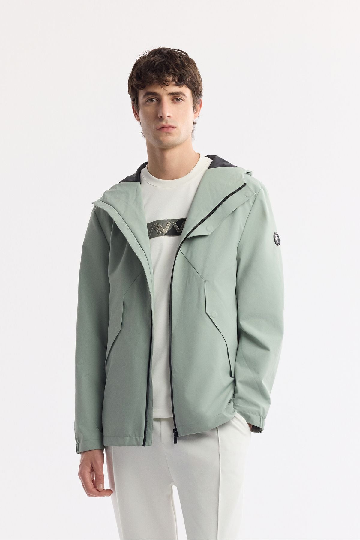 Men's Mint Green Hooded collar windproof light coat A51y6054