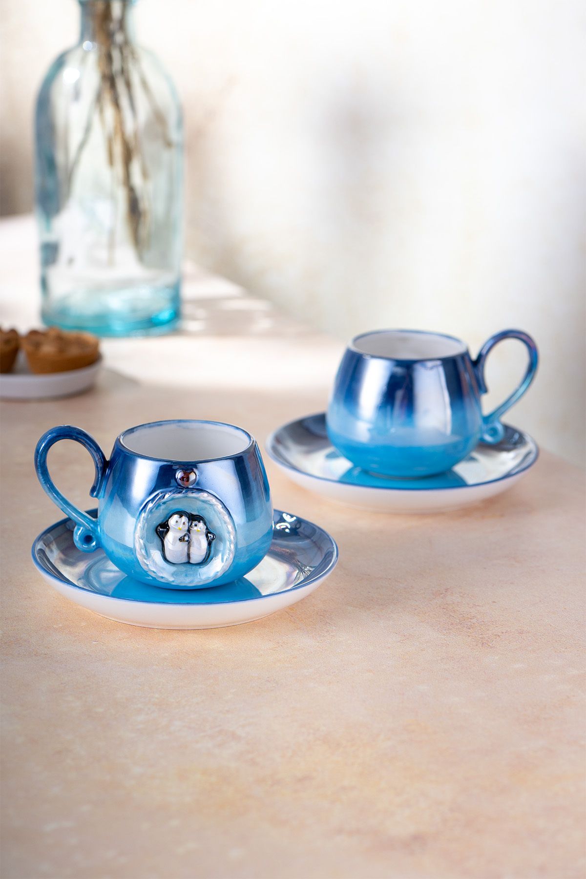 Istanbul Porcelain Penguin Coffee Cup Set for 2 people Blue