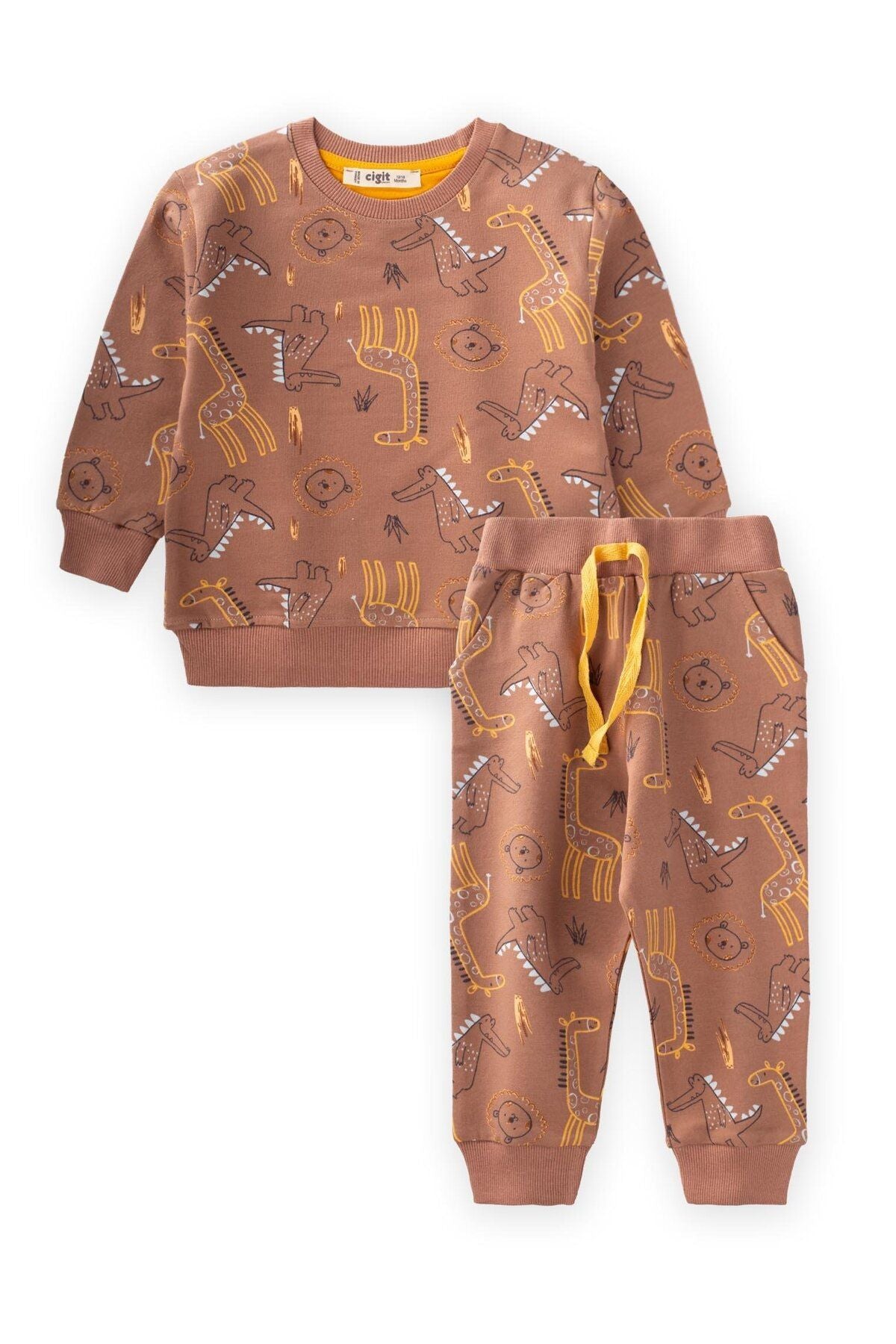 Mixed Animal Patterned Sweatshirt Set 1-4 Years Light Brown