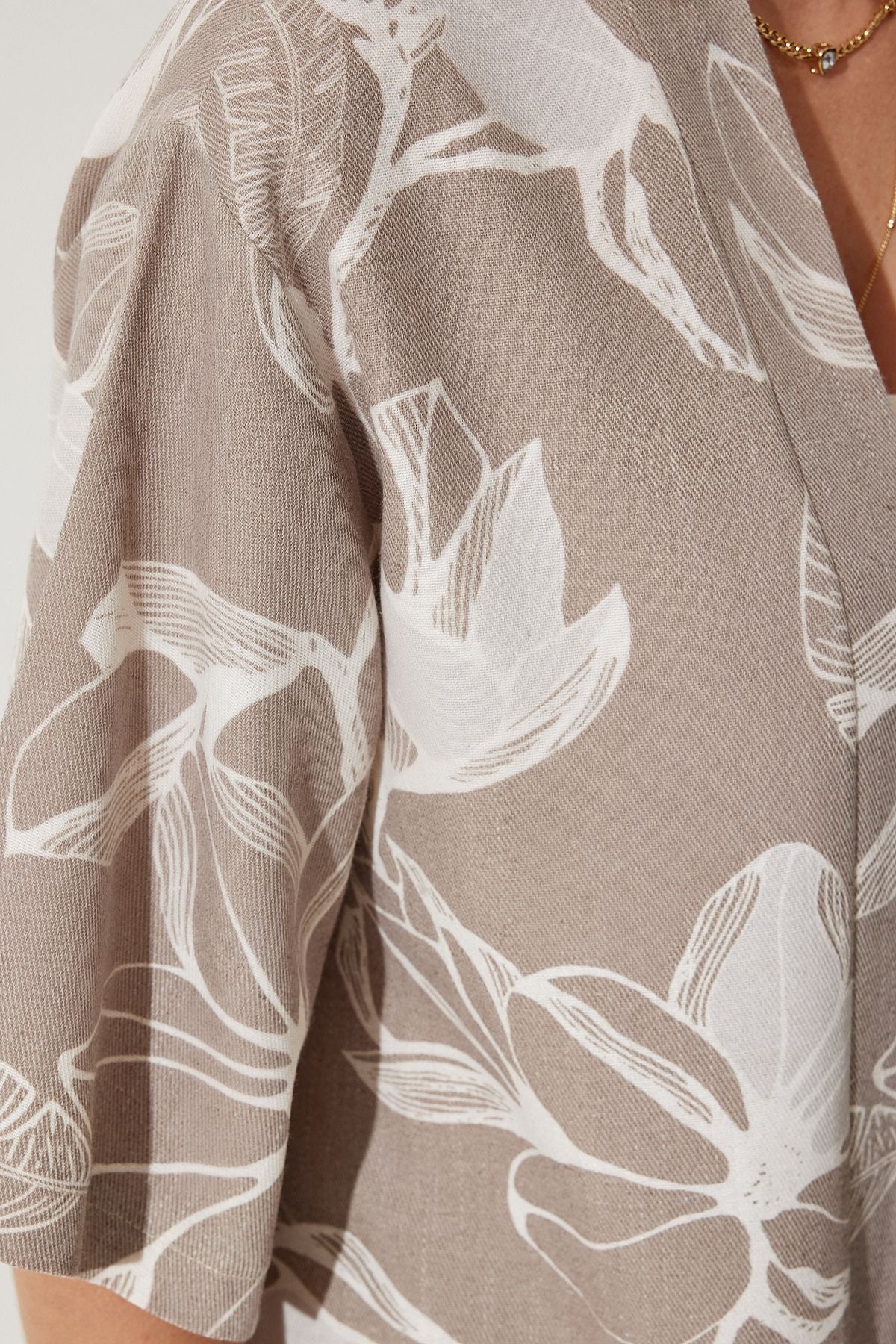 Female Stone Tropic Patterned Summer Raw Linen Kimono Shorts BP00157
