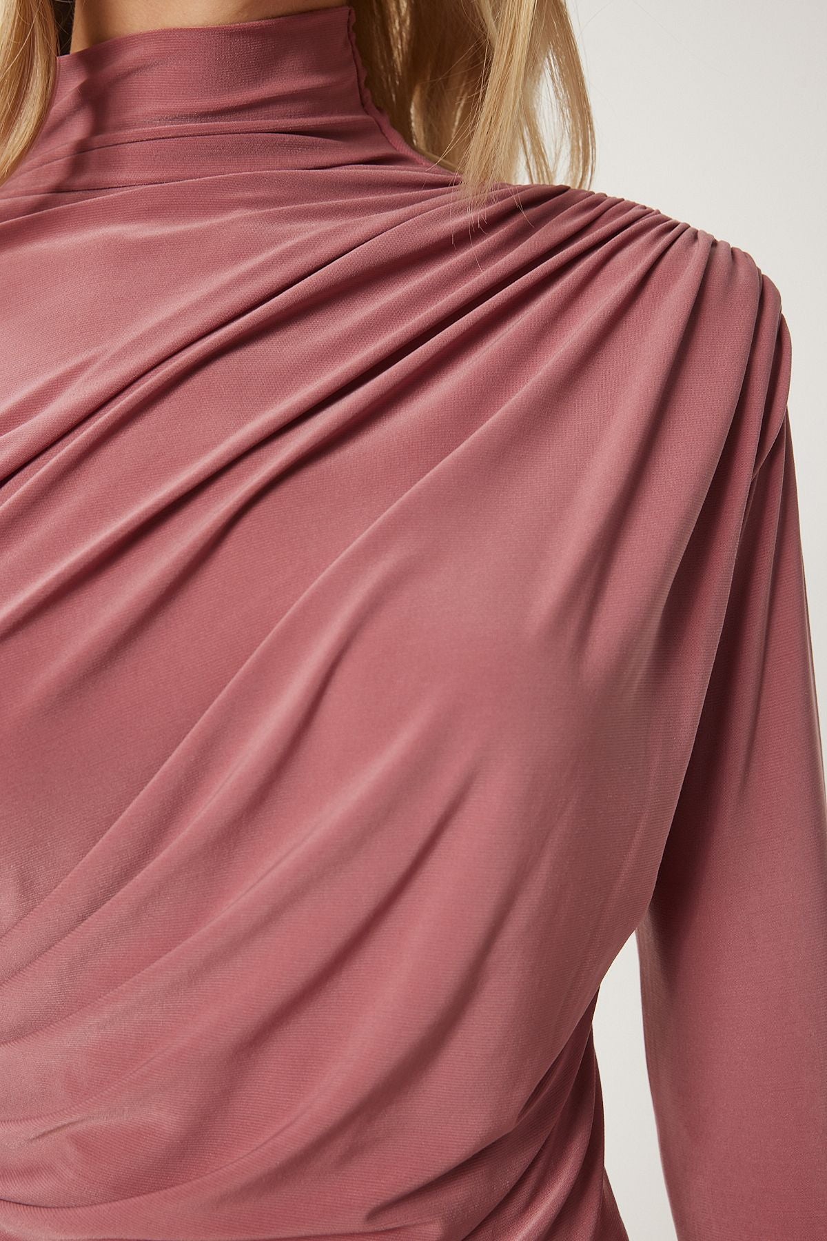 Female rose dry shirring detailed upright collar sandy blouse ff00135