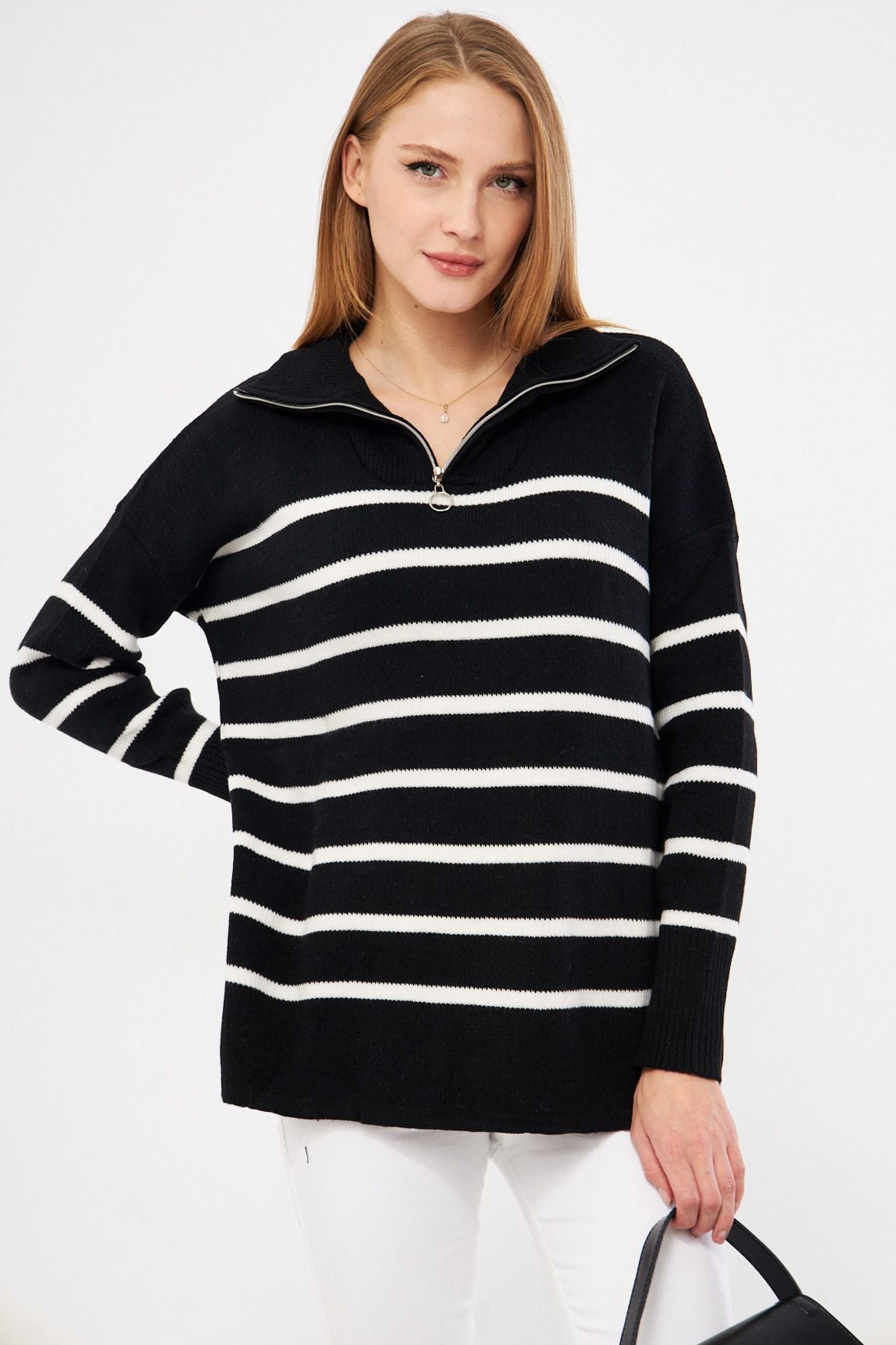 Women's Black Zipper detailed striped knitwear sweater ARM-25K069007