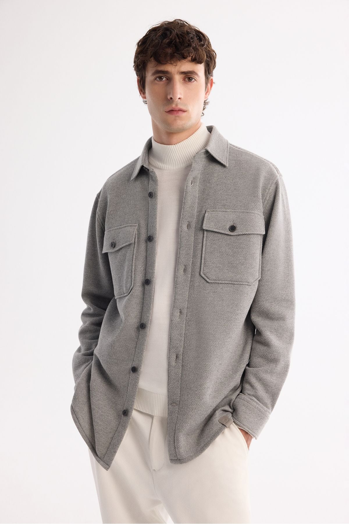 Men's gray classic collar cotton knitted shirt jacket A42y2176