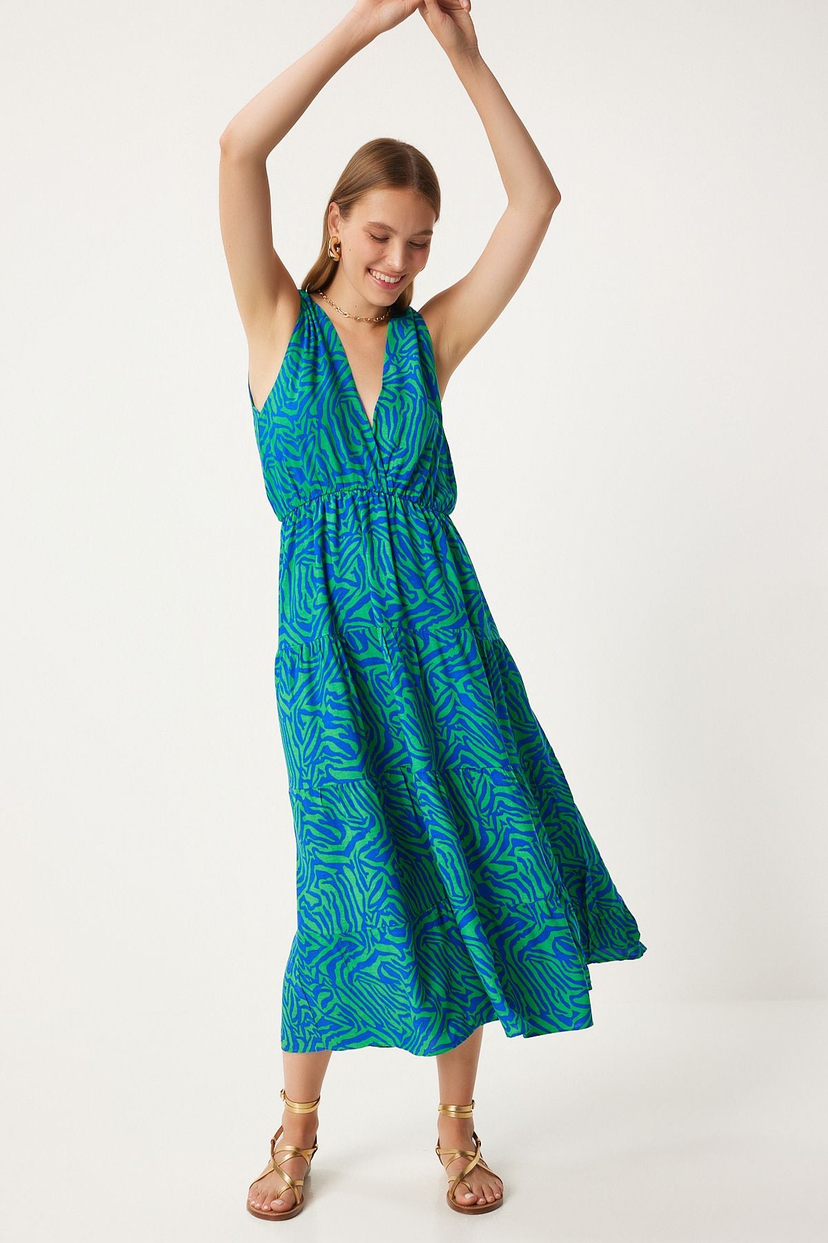 Female green blue pattern V -neck summer viscose dress CI00110