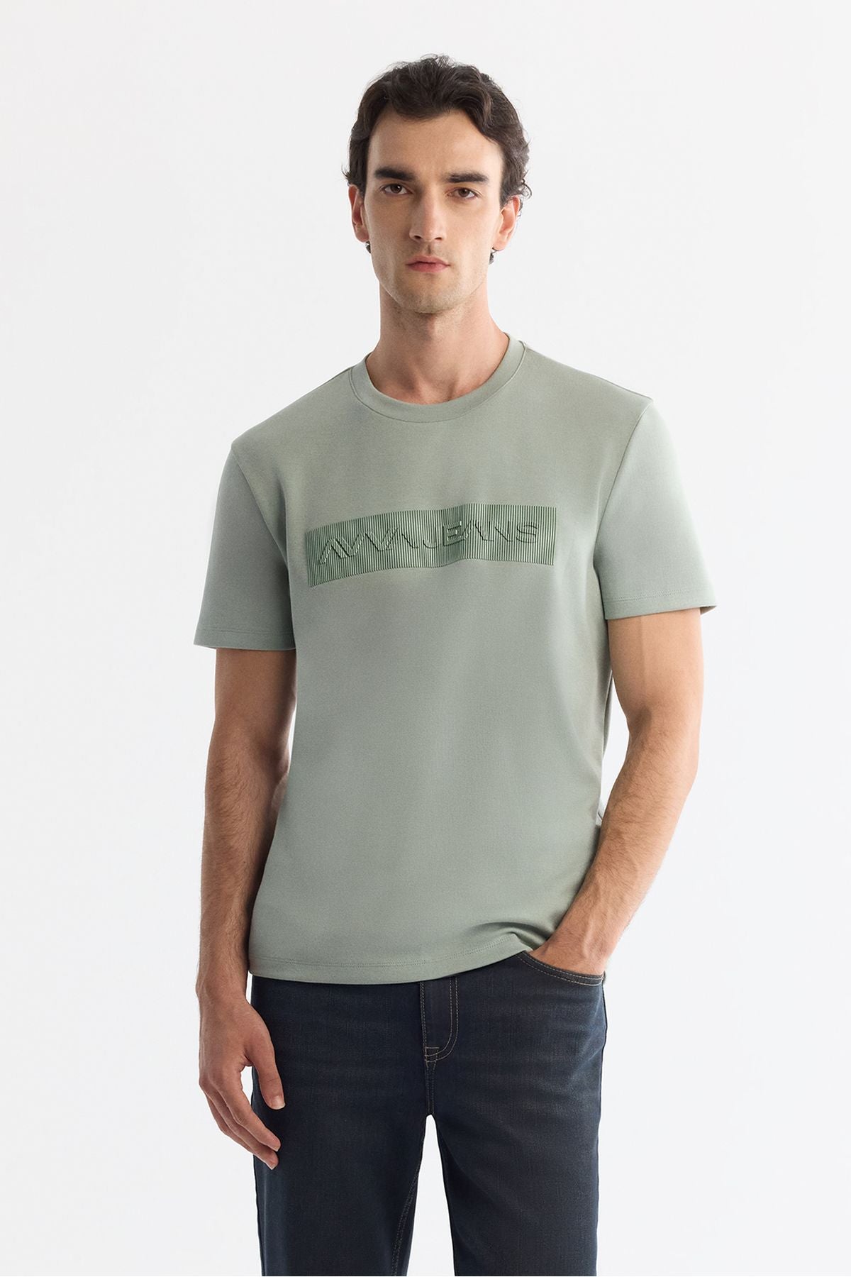 Men's Mint Green Bicycle Collar Printed Elastan T-Shirt A42Y1011