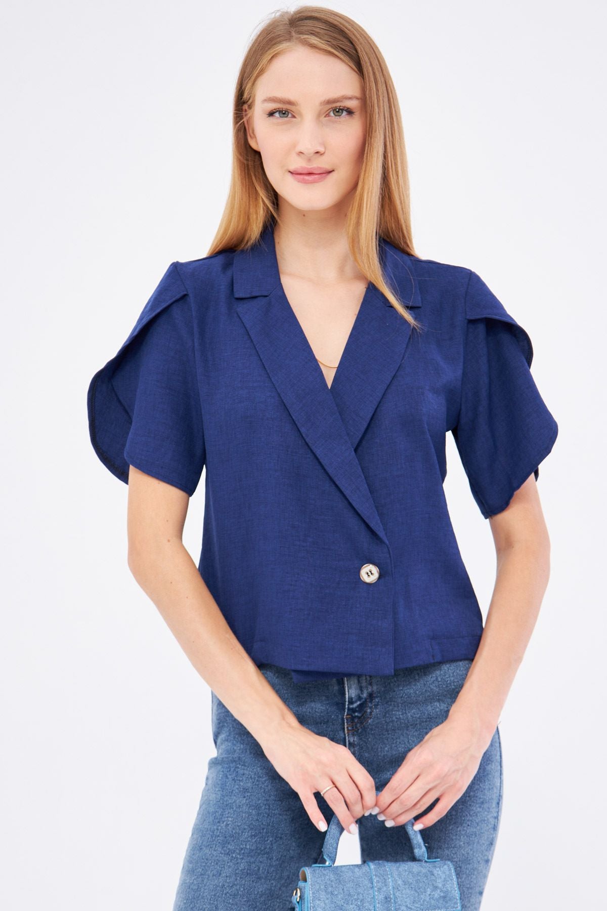 Women's Navy Blue Slip Detail Crop Short Sleeve Jacket ARM-24Y001048