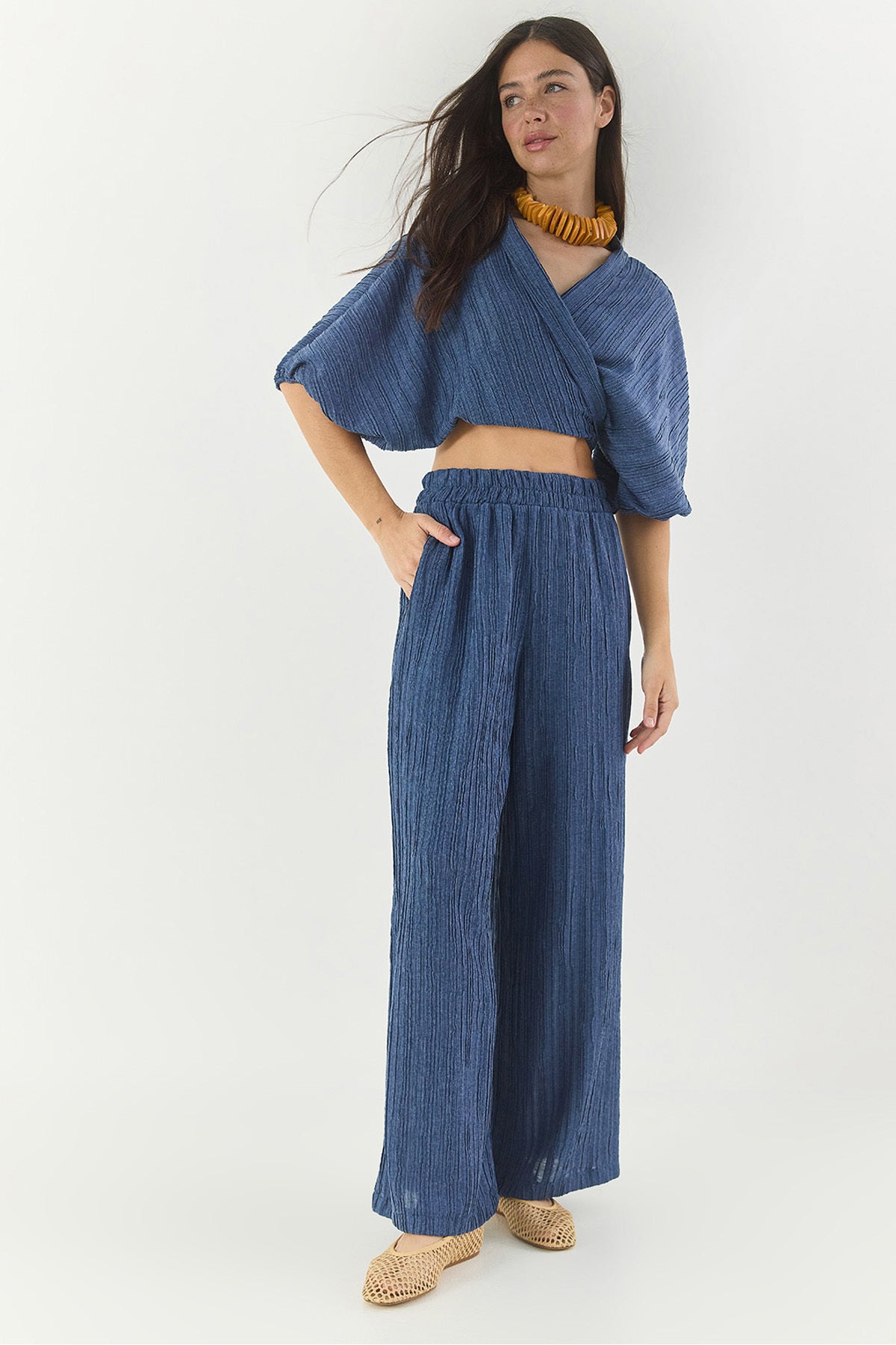 Women's Tie-Up Watermelon Sleeve Blouse with Elastic Waist Loose Trousers Bottom-Top Set 9340 60281051