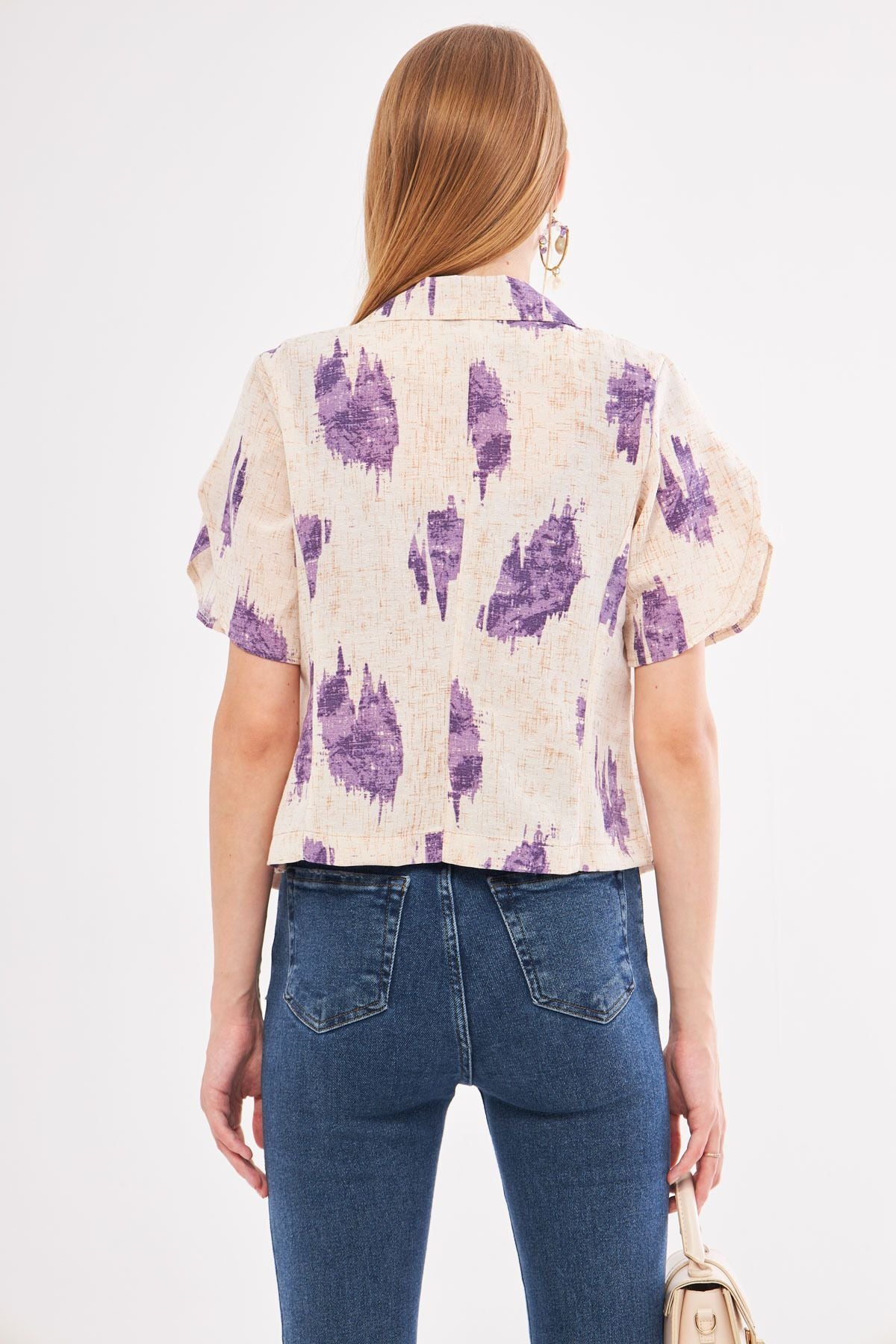 Female purple linen-looking patterned handle slit Crop Short Sleeve Jacket ARM-24Y001095