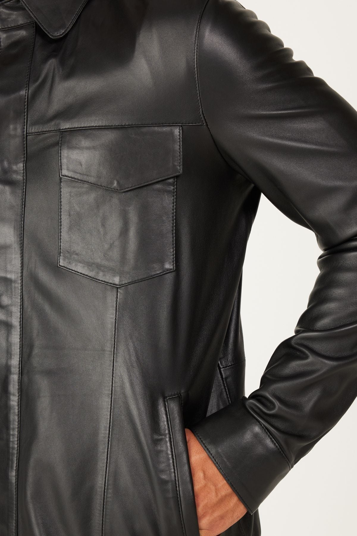 Male black 100 %genuine leather jacket standard fit normal cut classic collar