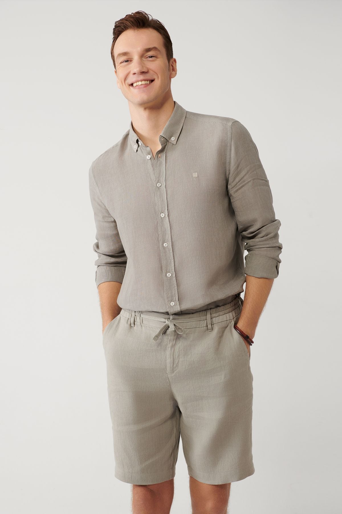 Men's Gray 100 %Linen buttoned collar shirt B002191