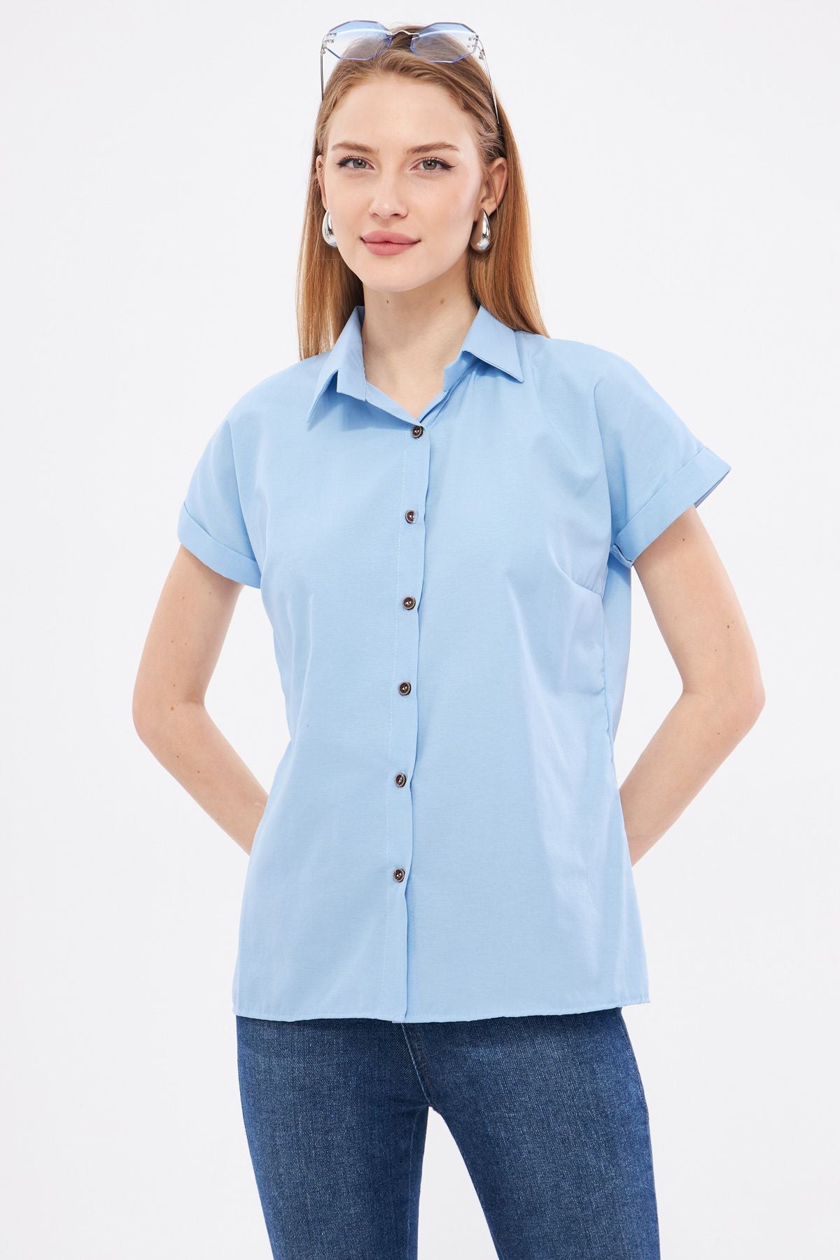 Woman Baby Blue Short Sleeve Shirt ARM-19Y001065