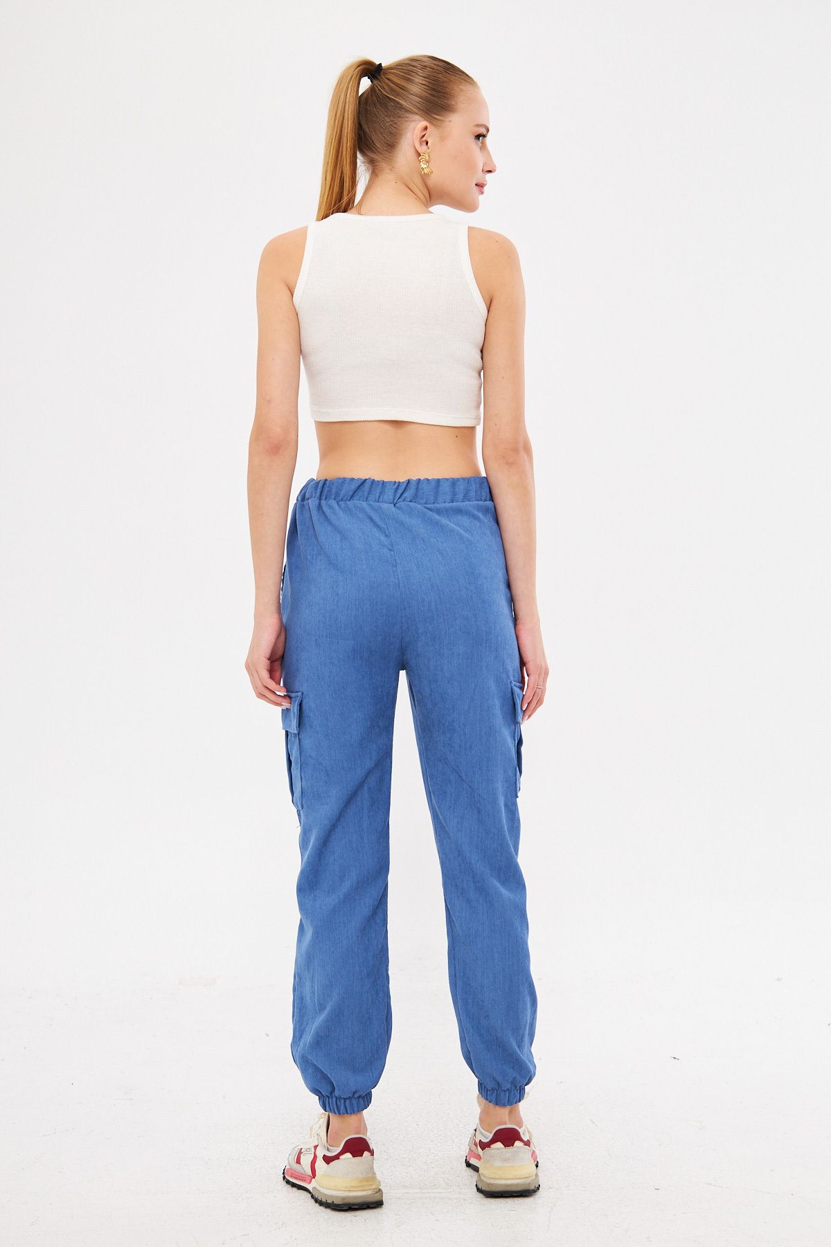 Female Indigo Velvet Waist and Paçası Tire Fine Wick Cargo Pants Arm-25k001035