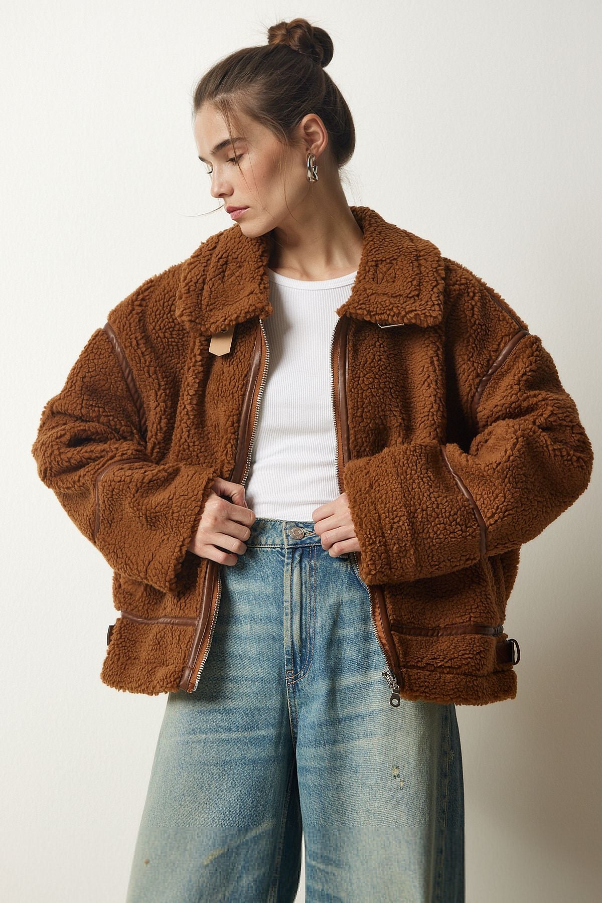 Female Brown Artificial Fur Biker Jacket FN03153
