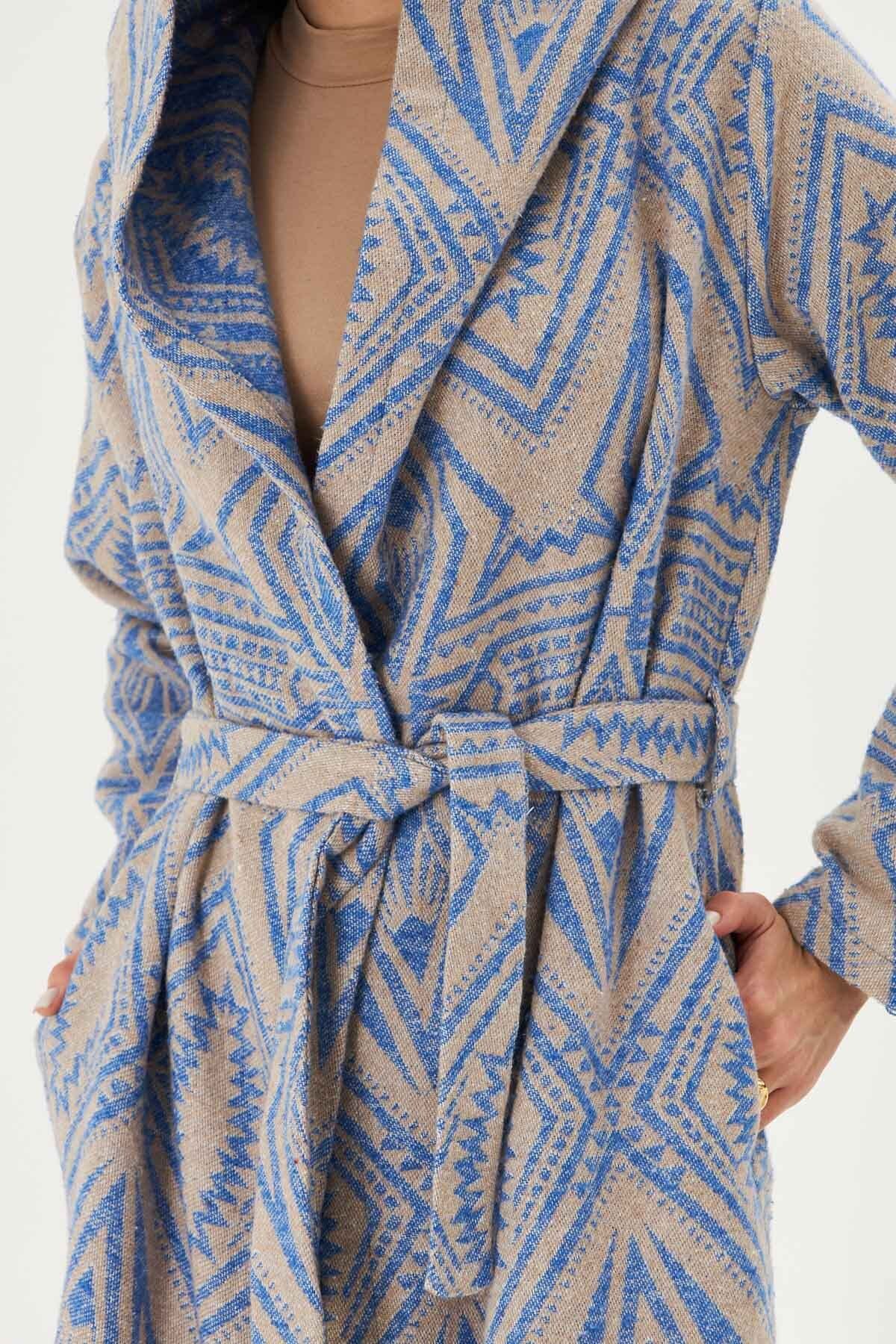 Woman Blue Hooded Waist Tie Mobile Detailed Coat Arm-25k001054