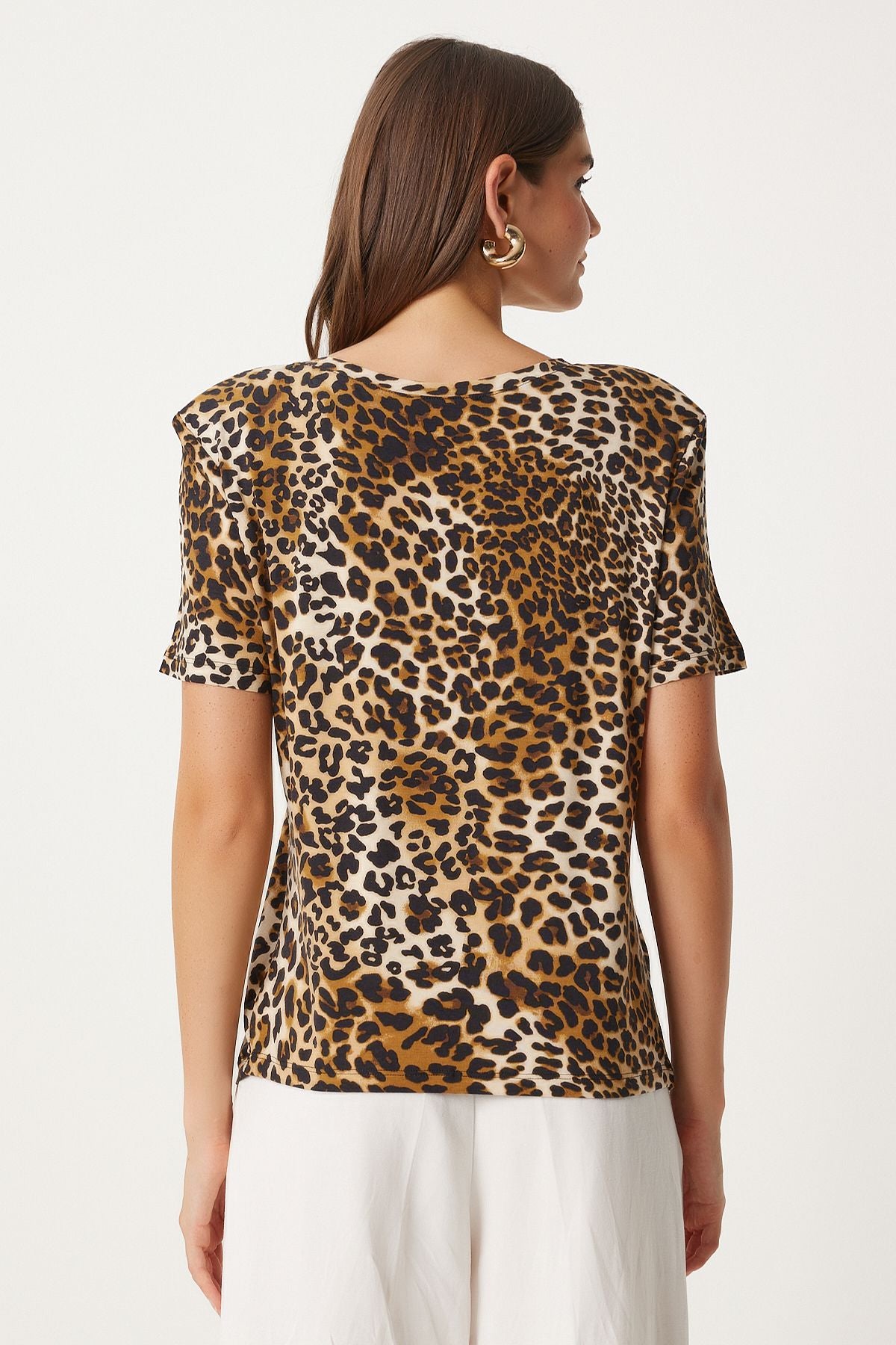Female Black Beige Leopard Patterned Patterned Knitting Viscose Blouse FN03285