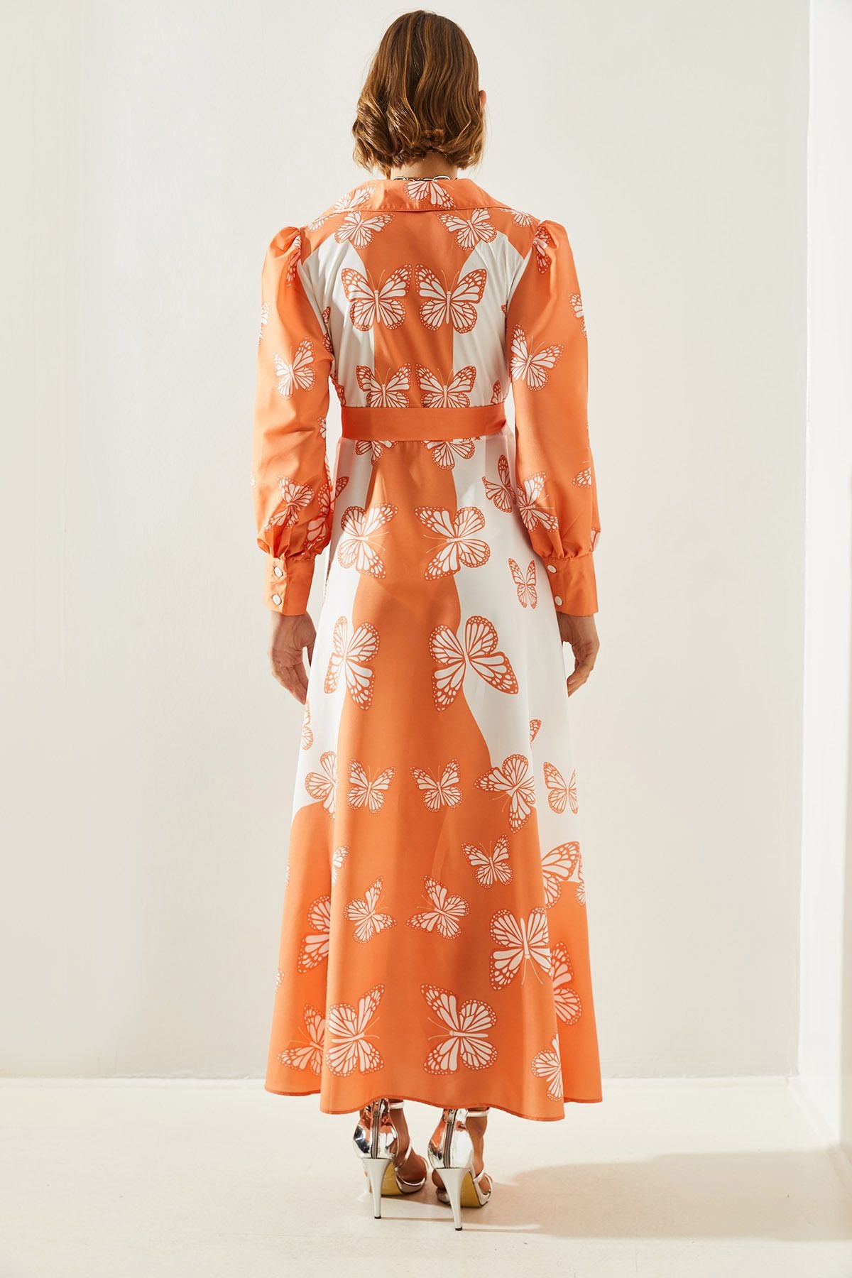 Shirt collar butterfly patterned belt long dress 22146 60251712