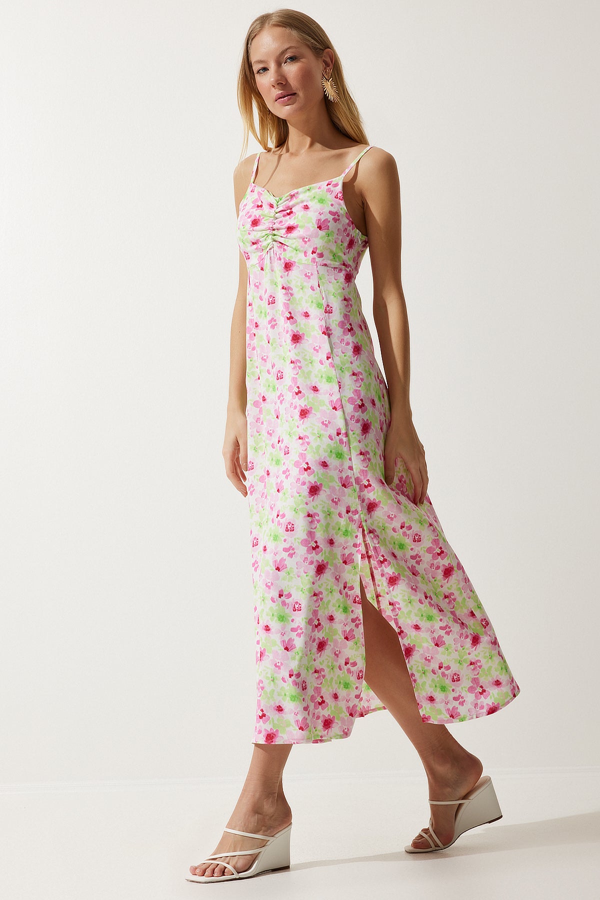 Female green pink strap pattern viscose dress ub00236
